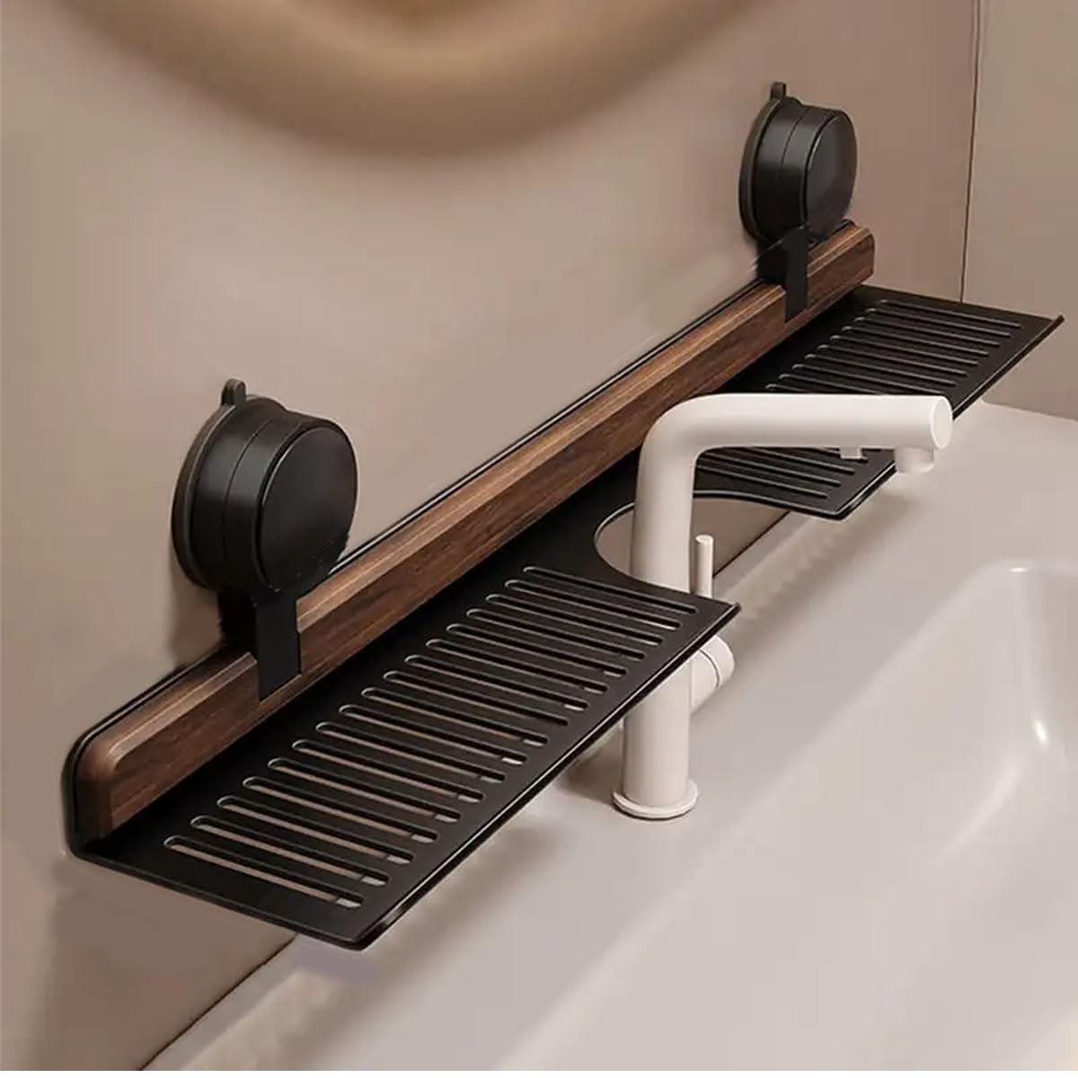 ZQFHSX Black Walnut Bathroom Kitchen Sink Shelf Over Faucet Removable Wall Mounted Rack Suction Cup for Vanities 40cm Space Saving Storage Solution