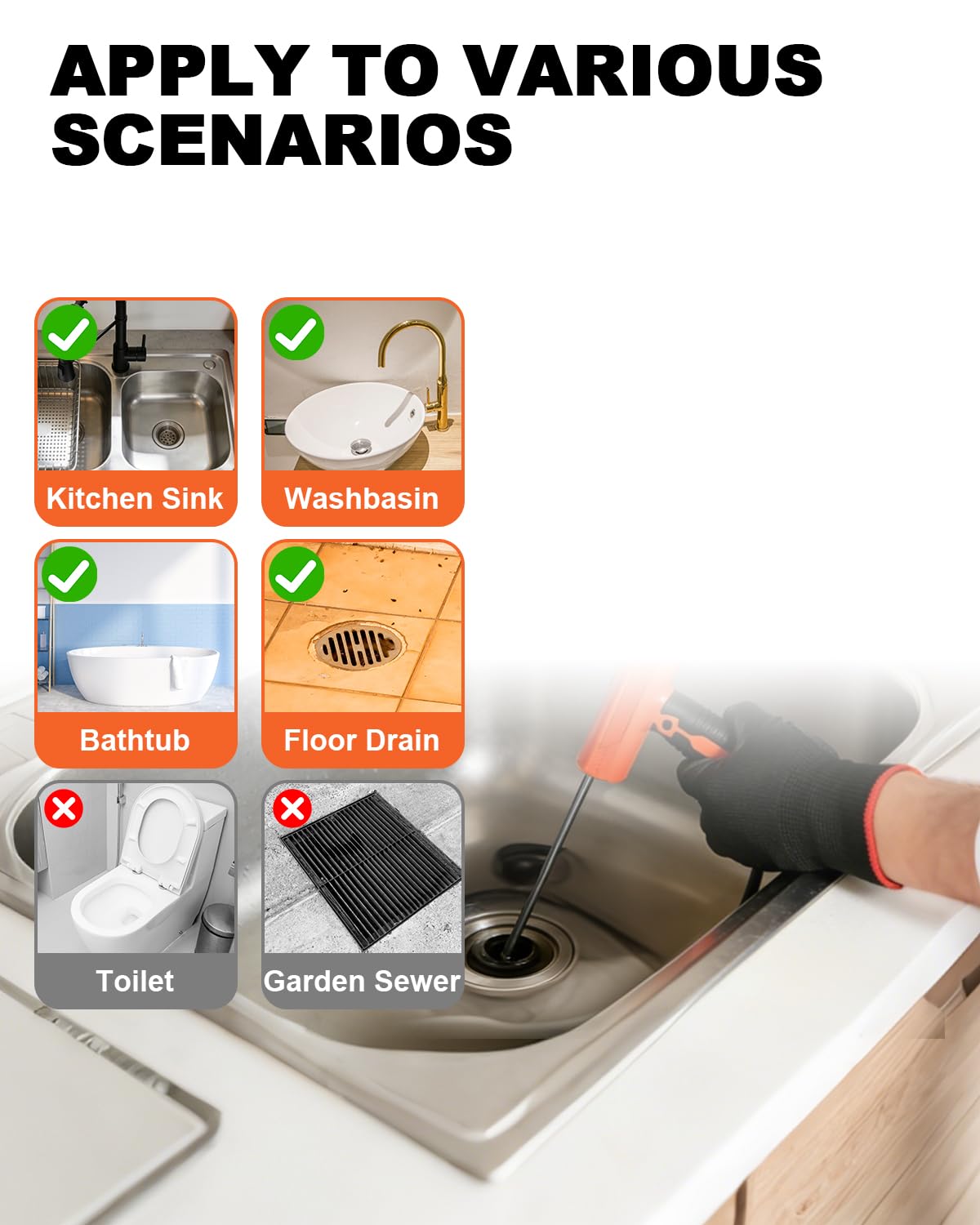 Cable Desatascador de Tuberías de 33 Pies (10M) con Avance Automático y Adaptador para Taladro - Desatascador Profesional Manual/Eléctrico para Fregadero, Bañera, Ducha e Inodoro