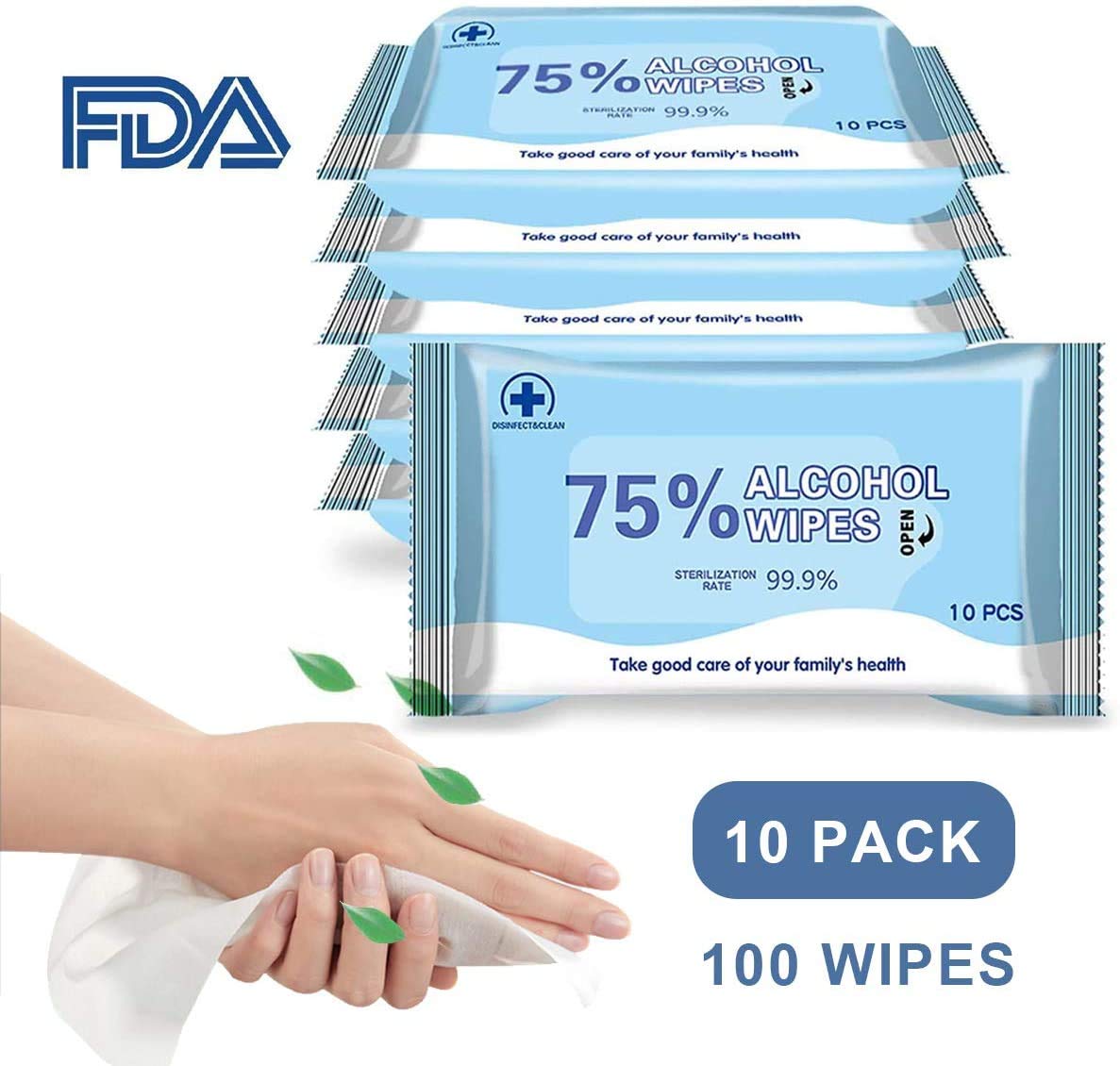 Alcohol Disinfectant Wipes 75% Alcohol Wet Wipes, Large Portable Hand Alcohol Wipes Disposable Sterilization Wipes for Antiseptic Skin Cleansing Care,FDA Certified(10 Packs,100 Wipes)