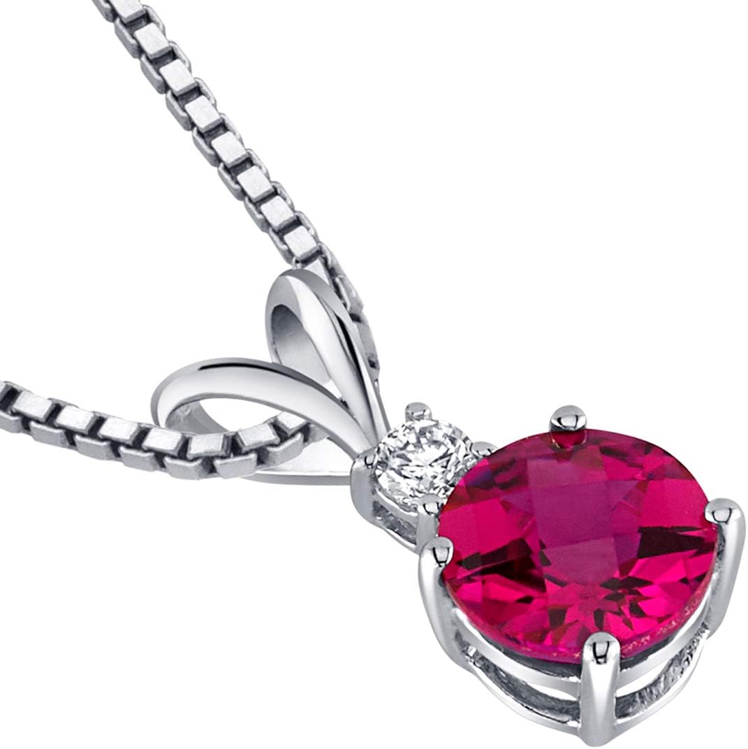 PEORA 14K White Gold Created Ruby with Genuine Diamond Pendant, Elegant Solitaire, Round Shape, 6.50mm, 1.35 Carats total, Sparkling V-Day Gift, Valentine's Gift for Her, Wife, Sister