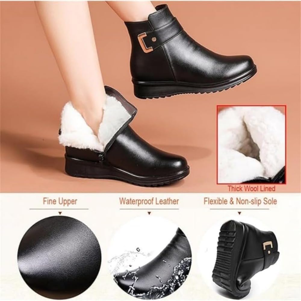 Women's Metal Buckle Genuine Leather Wool Orthopedic Boots, Orthopedic Snow Boots for Women, Winter Warm Waterproof Slip On Ankle Booties with Side Zipper