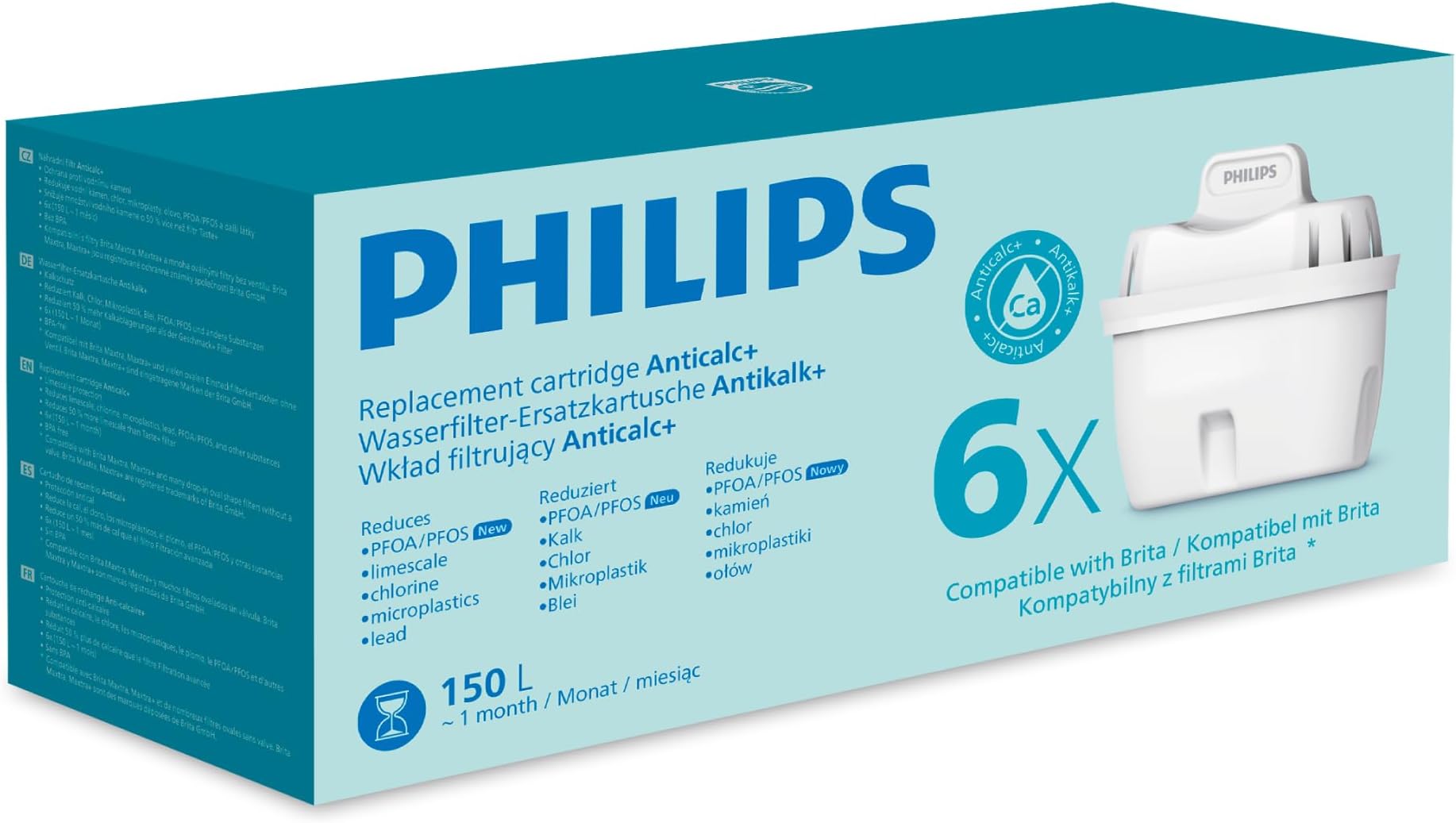 Philips Water Water Filter Cartridge Anticalc+, 6-Pack, UP to 50% Water Hardness Reduction, Reduces Chlorine, microplastics, and Other contaminants, Packaging May Vary, Compatible with Brita*