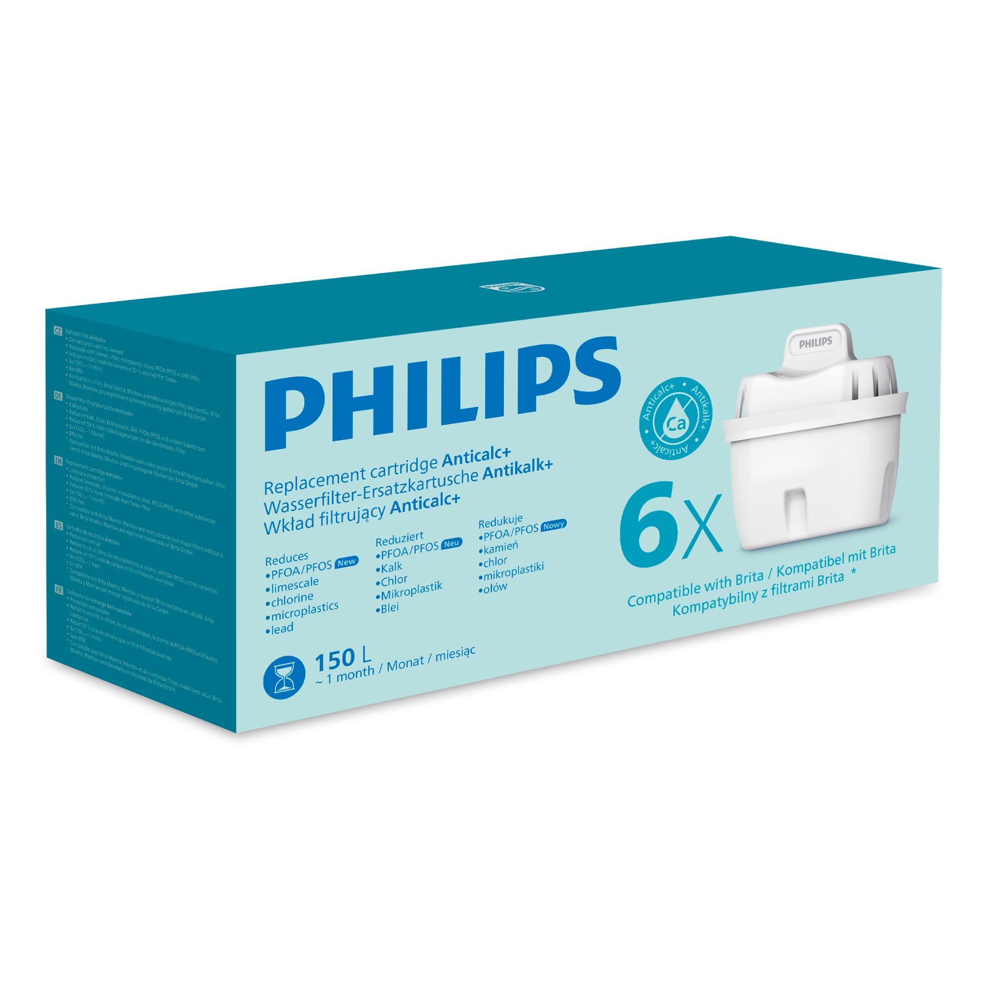 Philips Philips Water Filter Cartridge Anti-Limescale +, Pack of 6, Up to 50% Water Hardness Reduction, Packaging May Vary, Compatible w