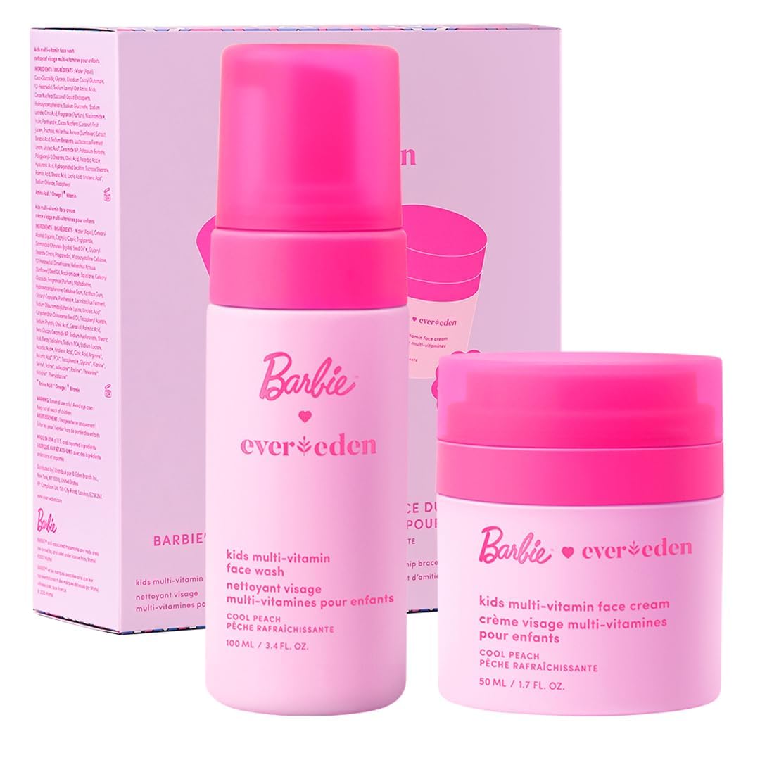 Evereden Barbie Kids Face Wash & Face Cream Set with Stickers & Bracelets | Dermatologist-Tested Kids Skincare, Face Wash & Cream, Vitamins B3, B5 & Omegas, Safe for Sensitive Skin, Gift Set For Kids