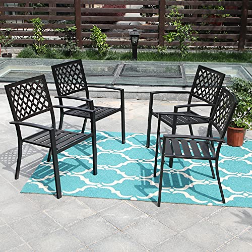 Phi Villa 4 Pieces Black Metal Patio Dining Chairs, Outdoor Stackable Dining Set Wrought Iron Chair With Arm #TOP12
