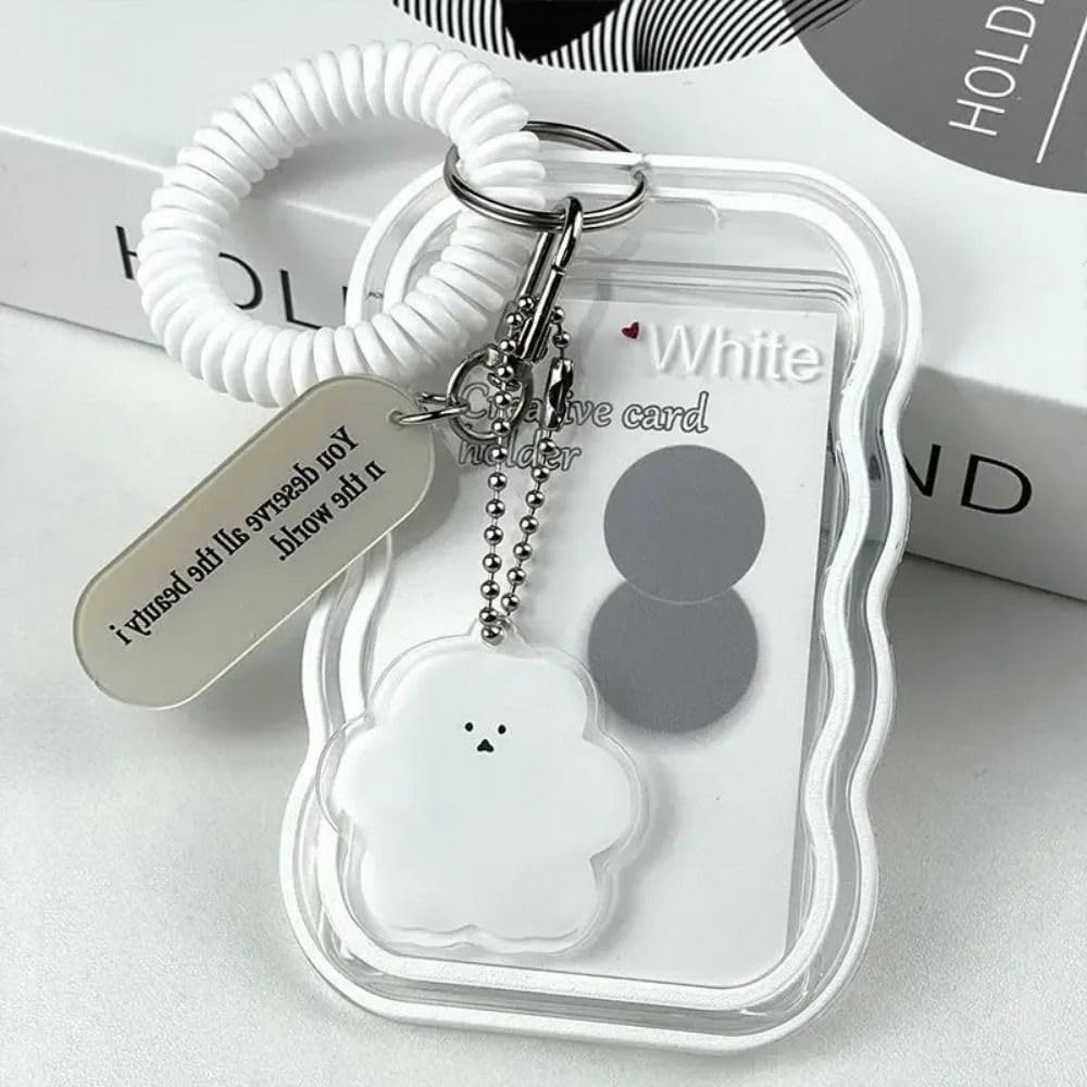 HEAVY DRIVER Cloud Photo Card Holder with Keychain | Transparent ID Card Case with Cute Charm & Wrist Strap | Badge Holder for Office, School & Travel (White)-image-35