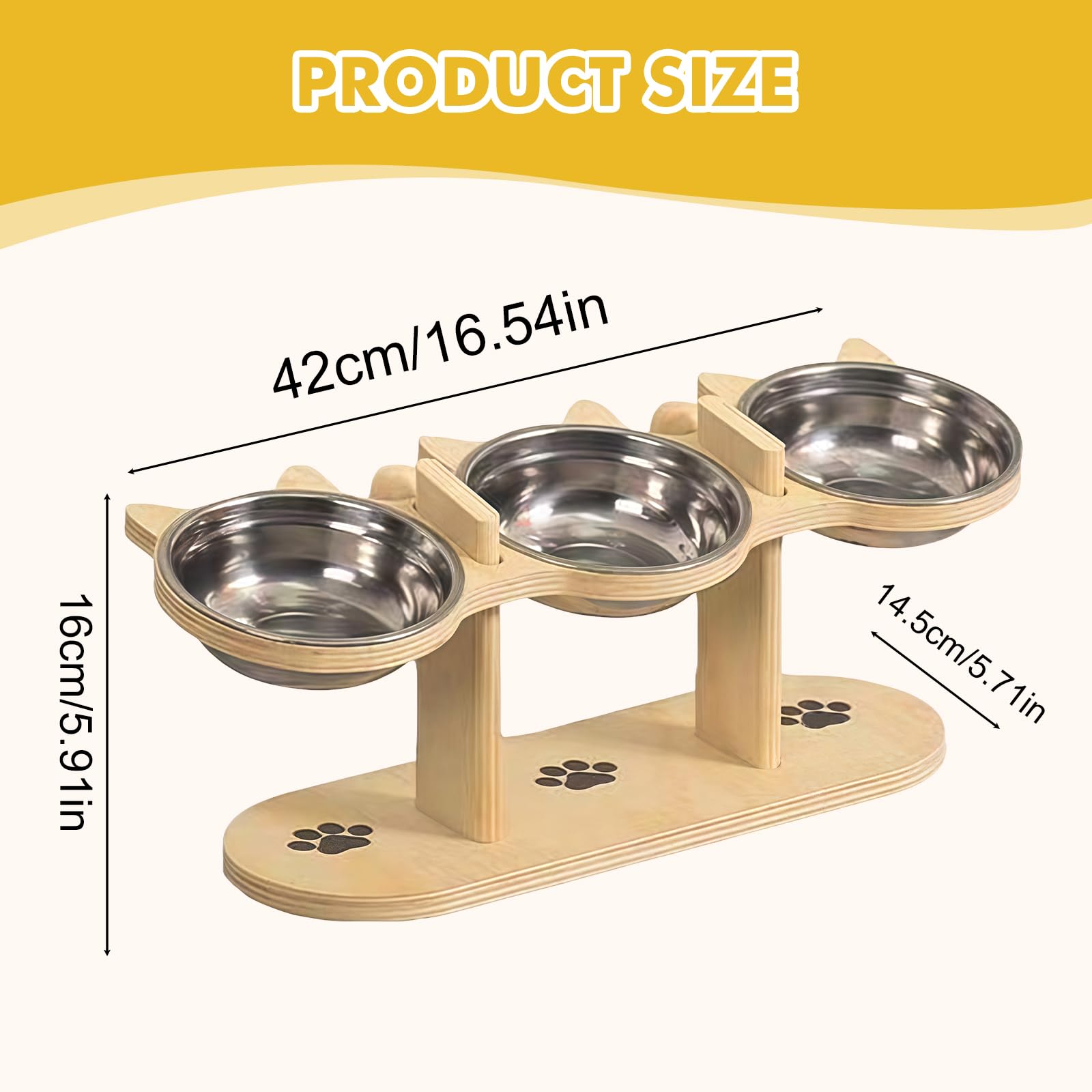 Katzennapf Erhöht, Futterstation Katze, 3 Edelstahlschalen mit Holzständer 15° Geneigter Futternapf Katze Erhöht, Höhenverstellbar Katzen Futterstation für Katzen, Welpen und Kleine Hunde