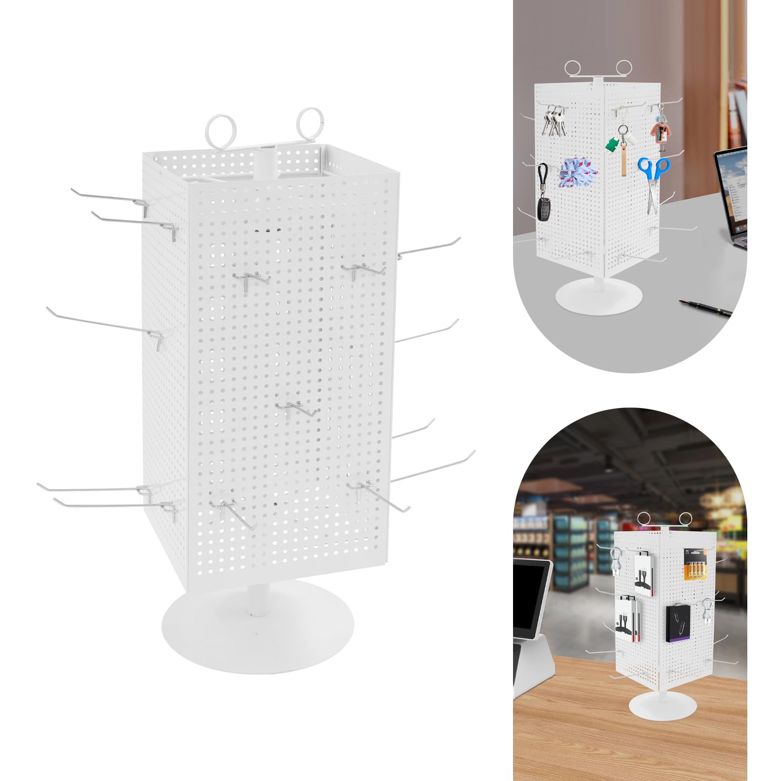 Rotating Peg Board Display Stand with 20 Hooks, 4-Sided Pegboard Spinner Organizer for Retail Vendors, Revolving Countertop Retail Display Racks