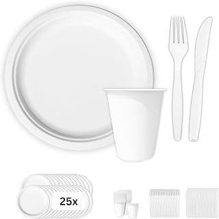 Einweggeschirr Set aus Zuckerrohr und Maisstärke - je 25 Gabeln, Messer, Teller und Becher