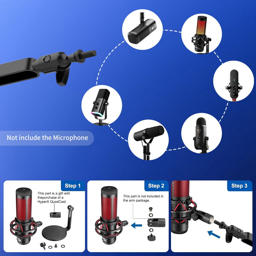 Brazo de micrófono de perfil bajo, soporte de micrófono ajustable de metal sólido montado en el escritorio, brazo de brazo de gestión de cables, soporte flexible para micrófono de escritorio