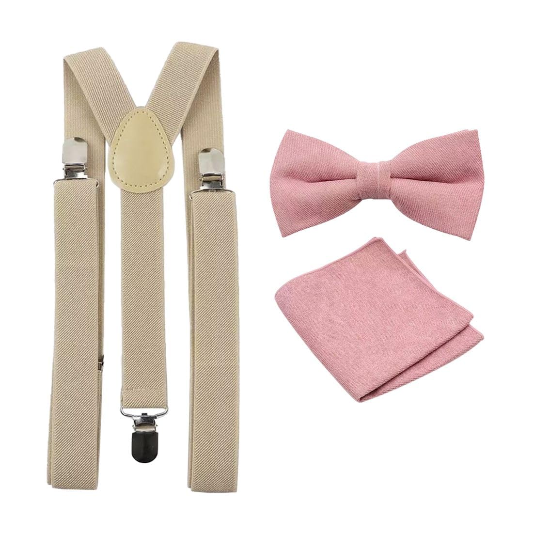 Men's Luxury Cotton Blend Pre-Tied and Adjustable Bow Tie, Pocket Square and Braces Set (Dusty Pink Bow Tie and Pocket Square & Beige Braces)