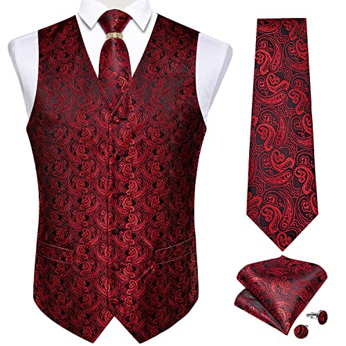 DiBanGu Men's Suit Vest Formal Men Paisley Vest Jacquard Tie Waistcoat Hanky Set With Tie Ring Wedding Party 5PCS