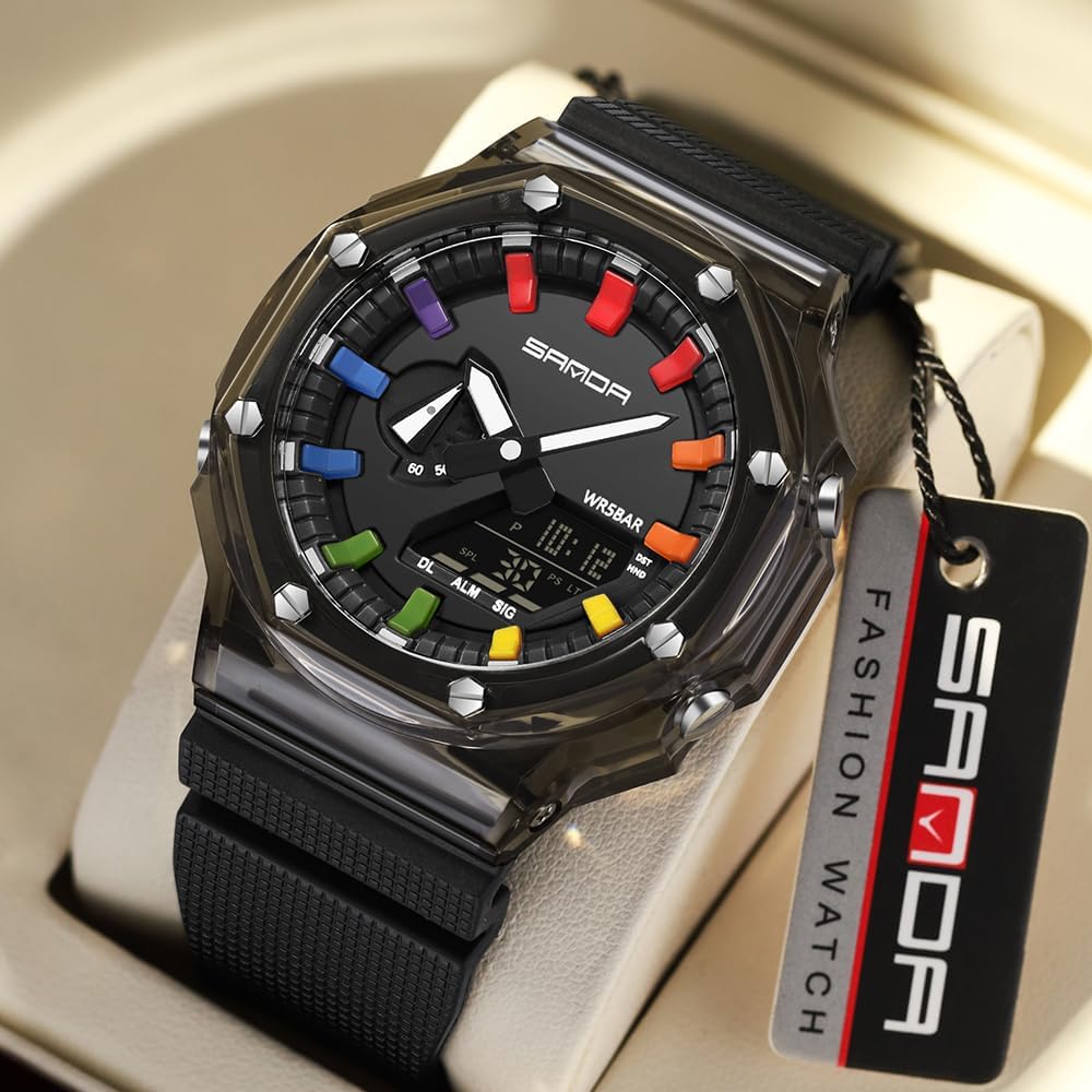 Unisex Digital Sports Watch 5ATM Waterproof Multifunction Tactical Analog-Digital Watch with Stopwatch, Alarm, LED Backlight, Transparent Strap - Image 5