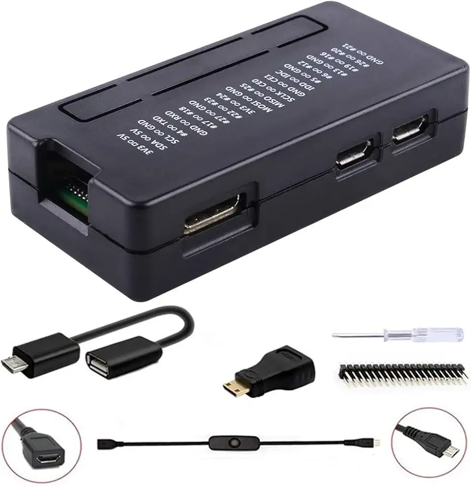Geekpi Zero/Zero W Case for Raspberry Pi, 7 in 1 Basic Starter Kit with Heatsink for Raspberry Pi Zero, 20Pin GPIO Header, OTG Cable, Switch Cable, HDMI Adapter and Screwdriver (Black)