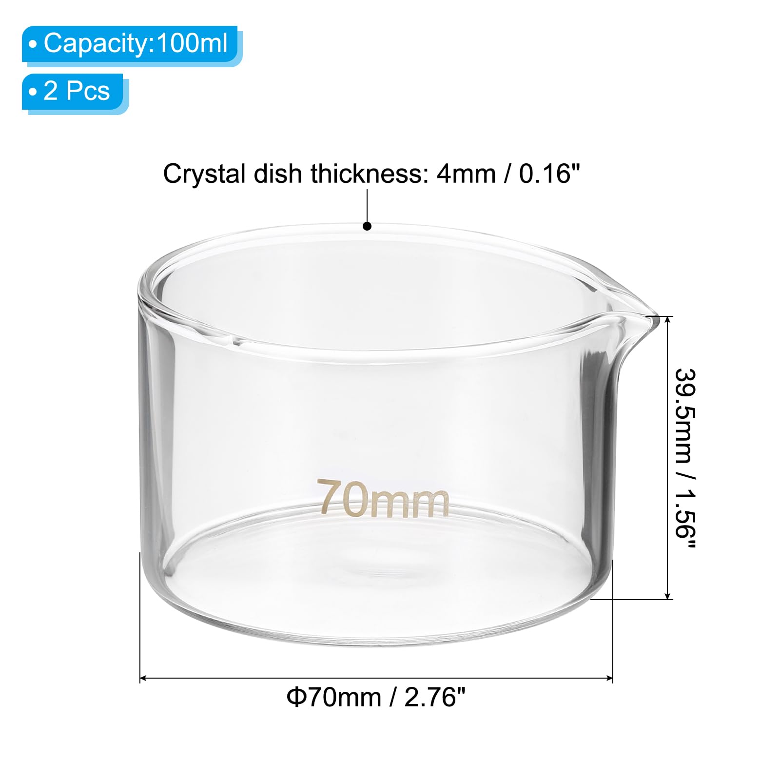 PATIKIL 100ml Crystallizing-Dish, 2 Pcs Borosilicate Glass Crystallizing-Dished with Spout Flat Bottom Lab Dish Evaporation Dishes Transparent for Laboratory Kitchen Science Classroom