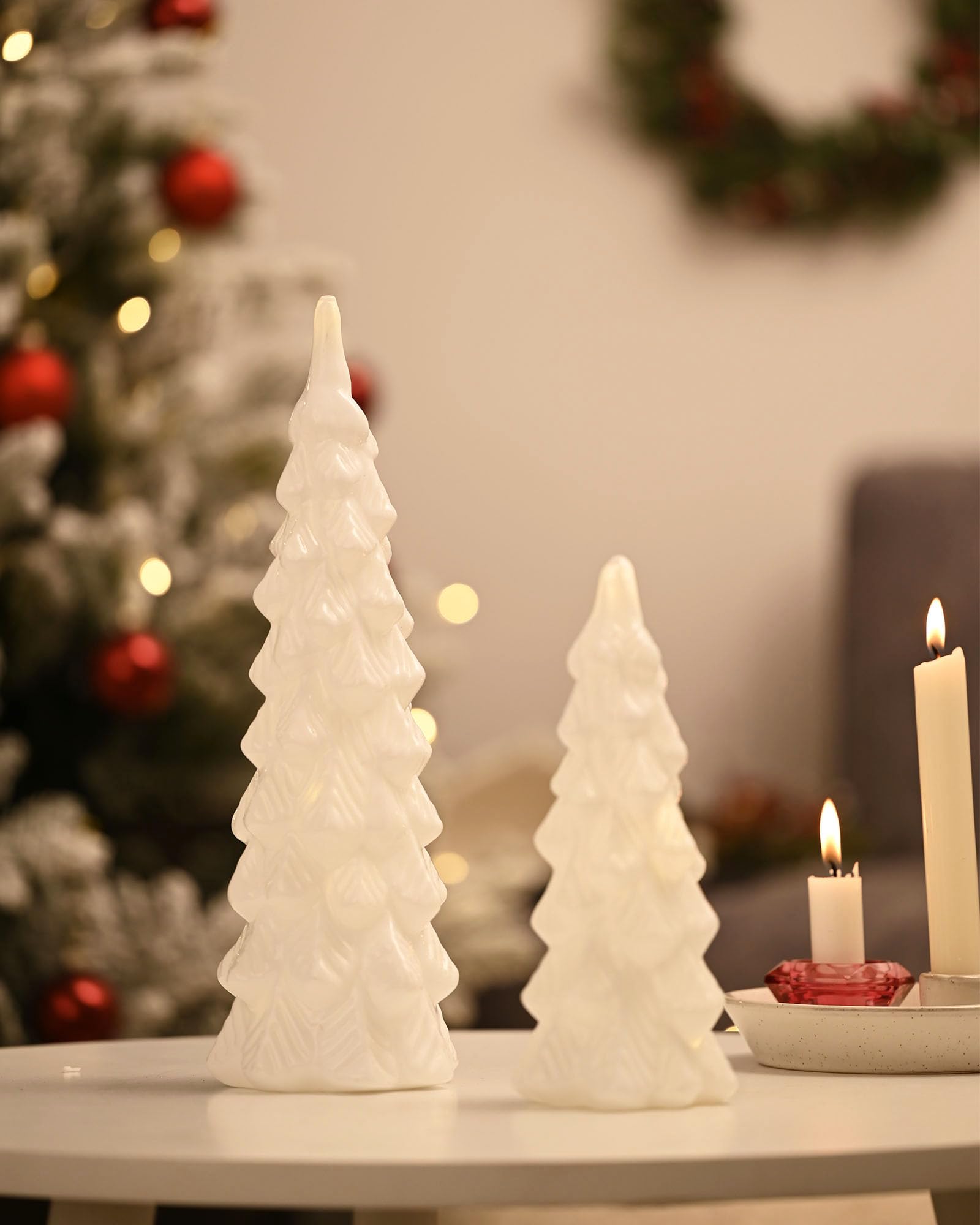 DN DECONATION Glass Lighted Christmas Tree White Glass Xmas Trees to Decorate 2Pcs Artificial Tree Figurine Battery Operated for Tabletop Desk Indoor Home Decor Gifts