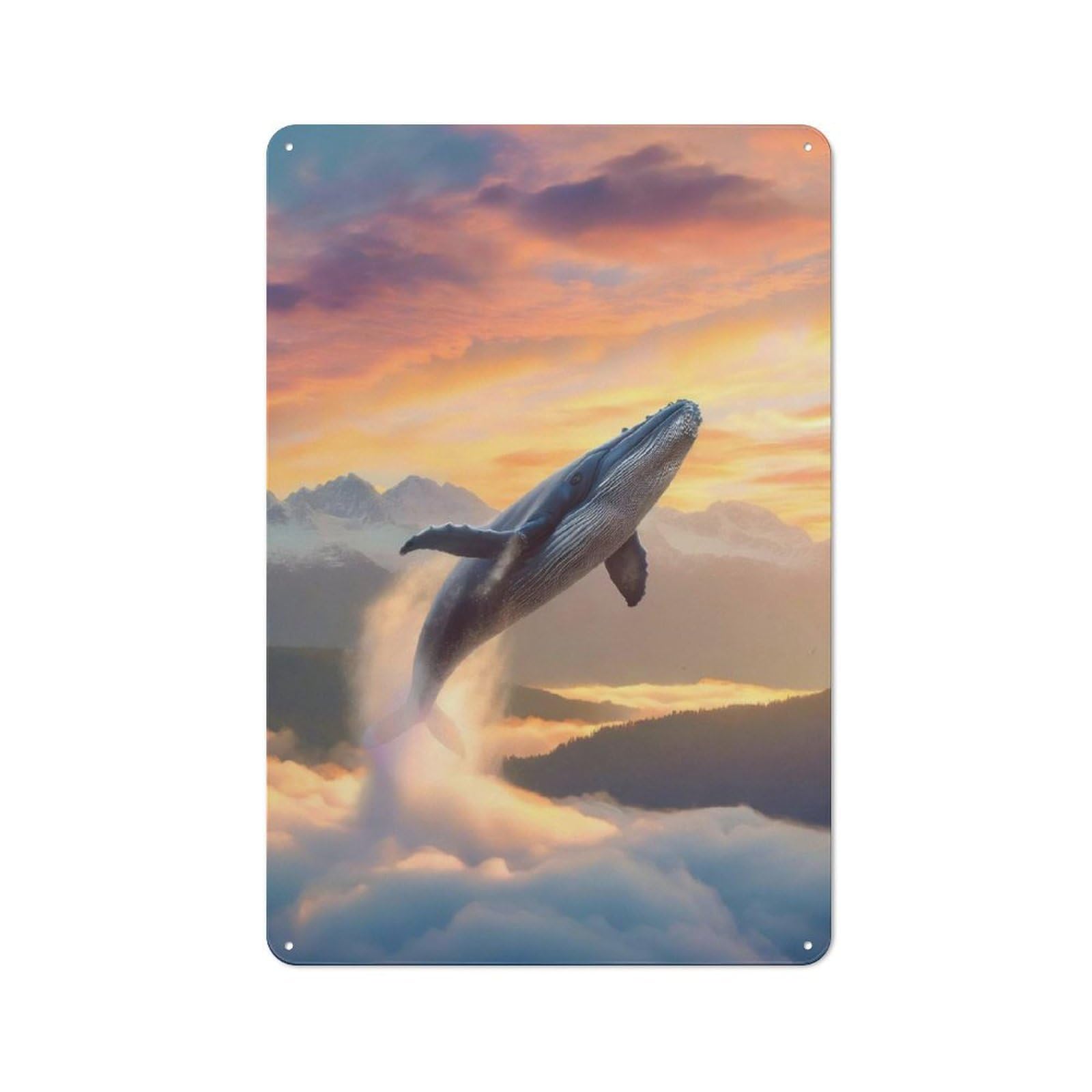 Metal Wall Art Sign with Flying Whale Design 30x20cm, Urban Industrial Wall Decor for Workspace, Cafe, Hallway Or Garage