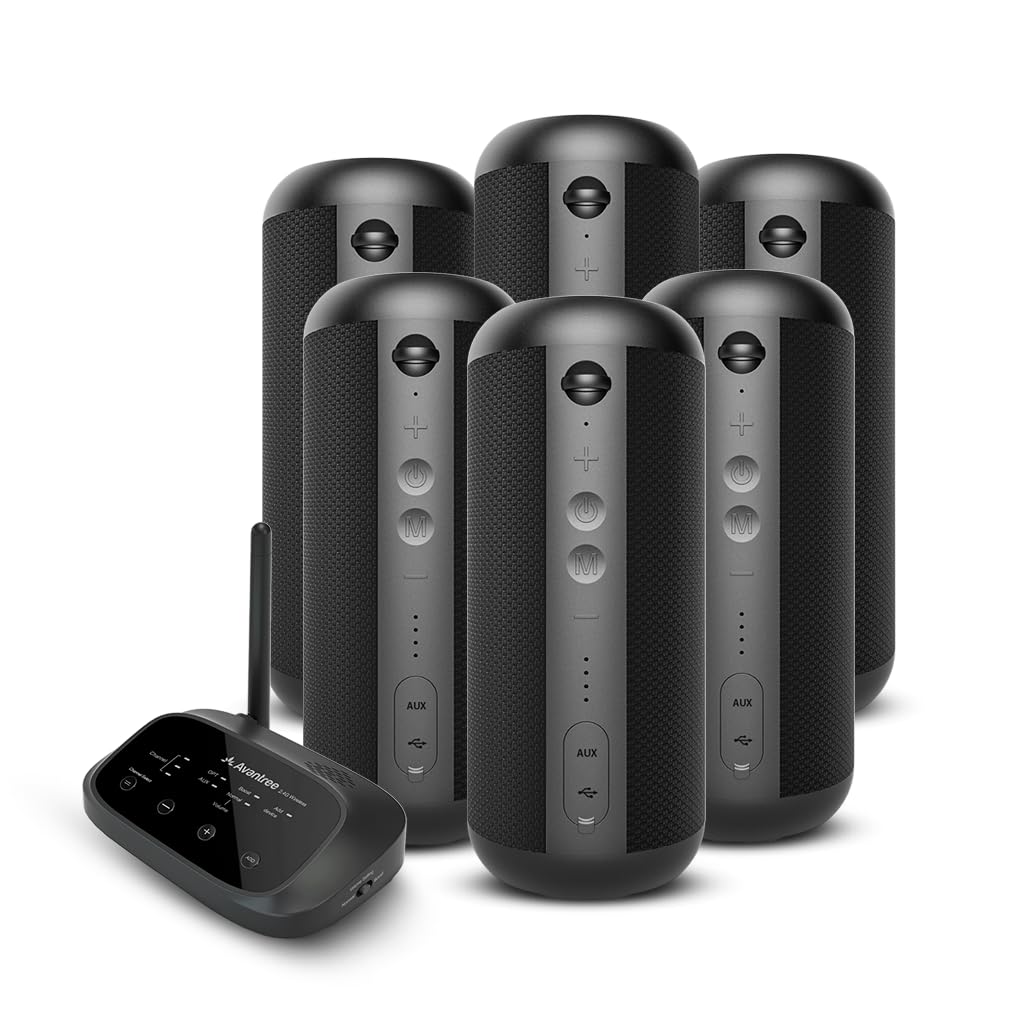 Avantree Harmony 2 – Sistema de Audio inalámbrico multiroom con 1 transmisor y 6 Altavoces Bluetooth portátiles, entradas óptica/AUX, Baja latencia, Alcance de 30 m