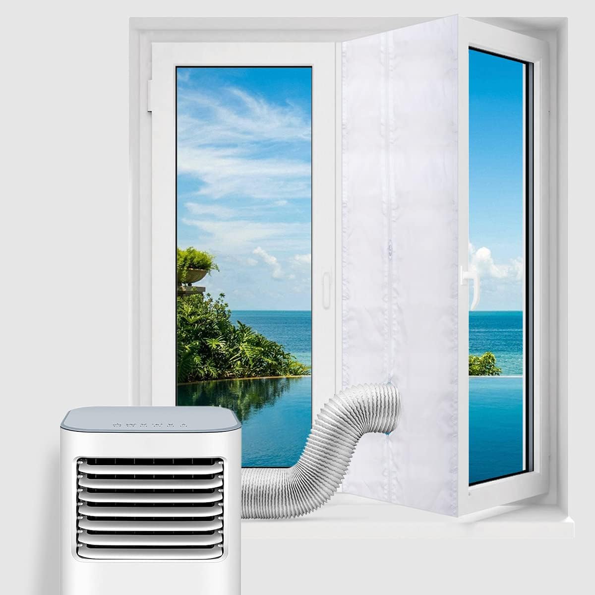 Fensterabdichtung für Mobile Klimageräte, Klimaanlagen, Wäschetrockner und Ablufttrockner, Klimaanlage Fensterabdichtung, Hot Air Stop mit Reißverschluss zum Anbringen an Balkontüren (4M)