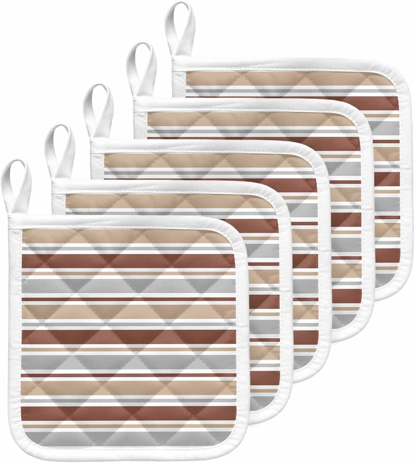 Beige Khaki Striped Pot Holders for Kitchen Heatproof Potholder, 5 Pack Farmhouse Stripes Modern Abstract Art Hot Pads Multipurpose Oven Pads Cloth Potholders Trivet for Cooking Baking
