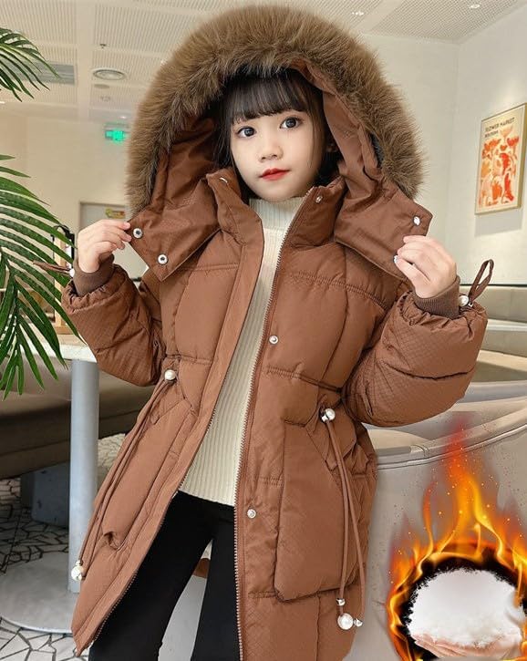 Girls' Winter Warm Coat Fleece Lined Long Jacket With Detachable Fur Hood - Image 2