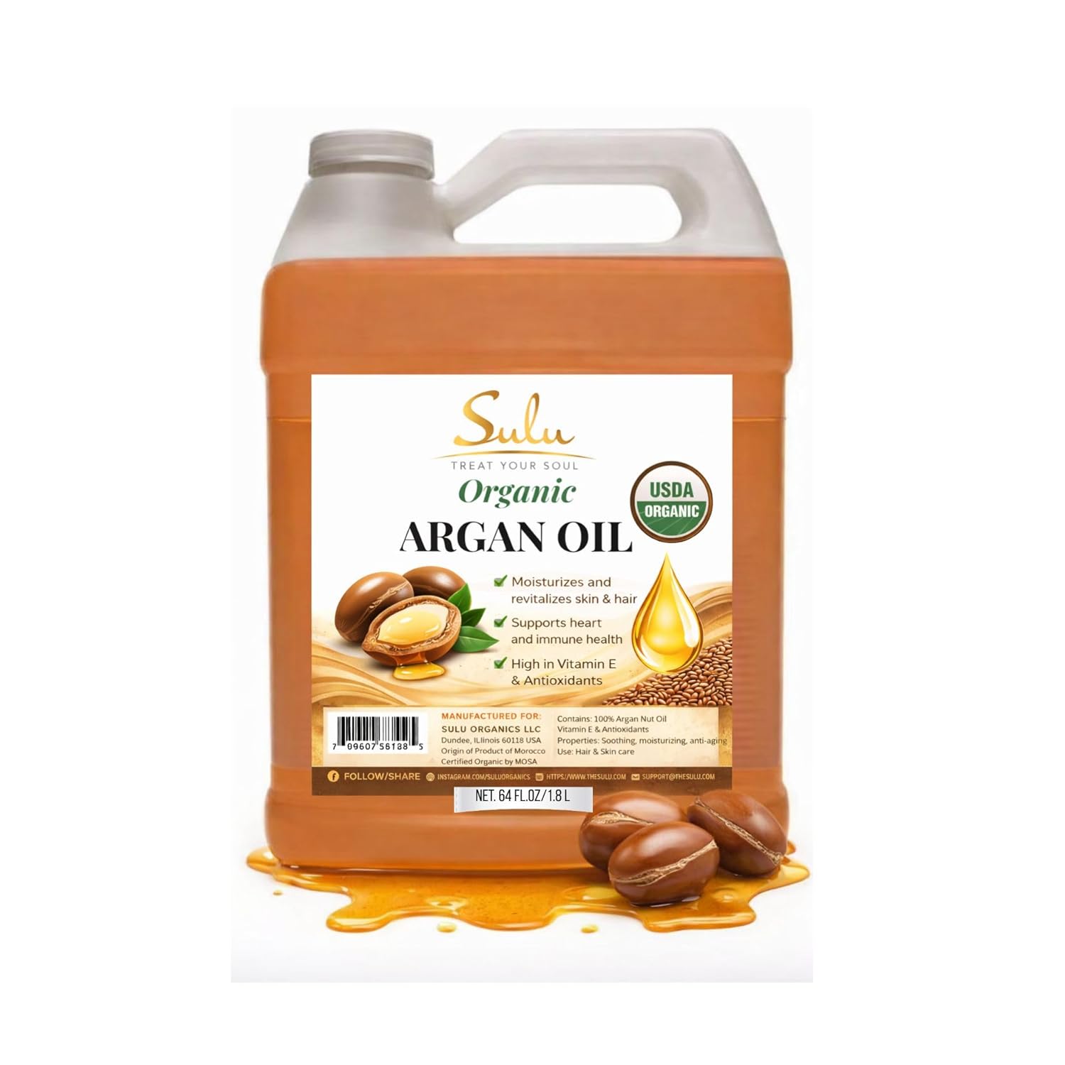 100% Pure Organic Cold Pressed Unrefined Virgin Moroccan Argan Oil 64 fl.oz-Unroasted Moroccan Nut Oil-Skin Care-Hair Care-Bulk Size