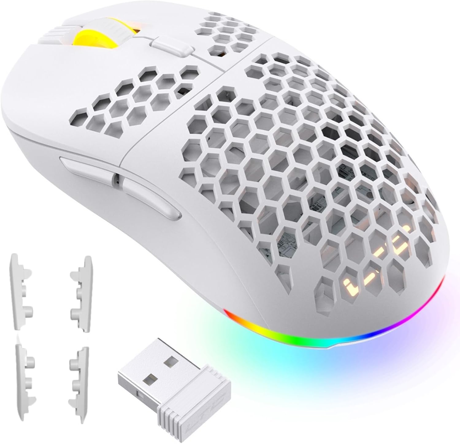 LTC WHM-001 Mosh Pit Wireless Gaming Mouse, 10,000 DPI 2.4Ghz/ Wired RGB Ambidextrous Mice w/Lightweight Honeycomb Shell, Ergonomic Shape for Right or Left Hand Use, for PC/Mac/Laptop, White