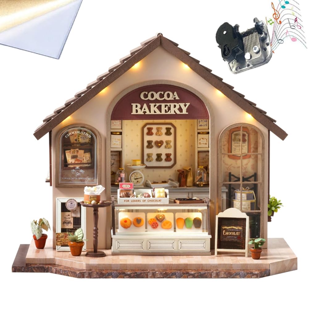 SXDMOUBK DIY doll house Kit 3D Wooden Puzzle, Dollhouse bake house Decor with LED DIY Bookend Dollhouse Kit Crafts Hobbies Gifts (Cake Bakery)