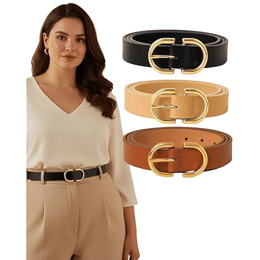 Kit 3 Cintos Femininos Fino Couro Sintetico Atemporal Ajustavel Fivela Dourada Slim ao Plus Size