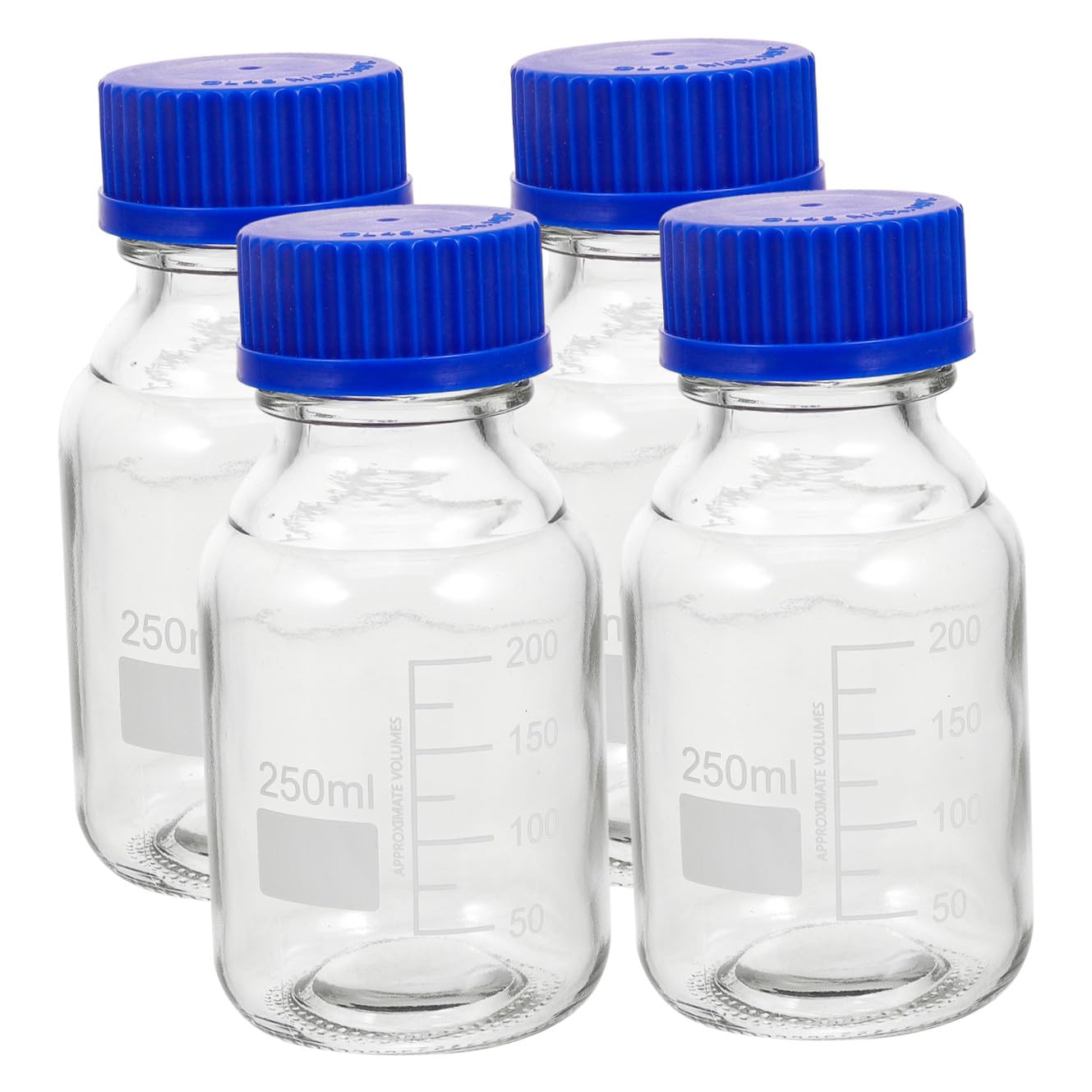 Set da 4 Bottiglie di Vetro per Reagenti con Tappi a Vite Blu, Capacità 250ml, Leggere e Lavabili, per Applicazioni in Laboratorio e Istituti Chimici