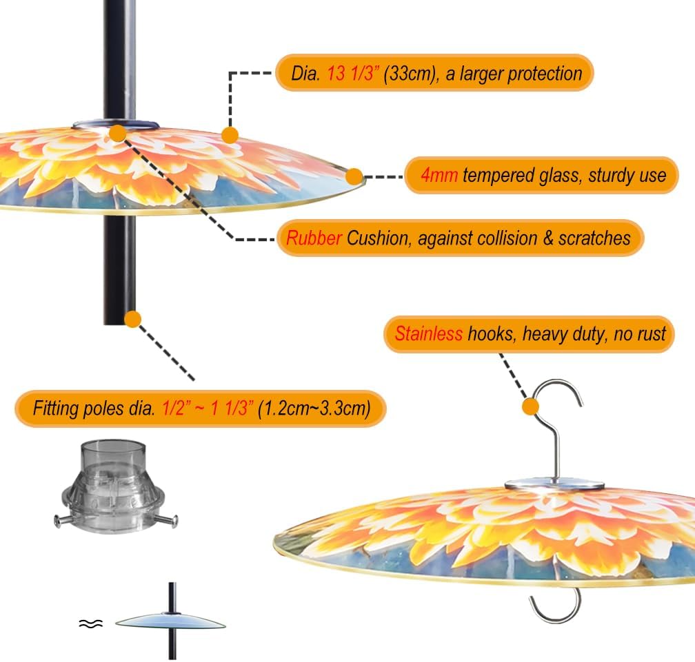 13" Glass Rain Guard for Bird Feeder Outdoors - Baffle on Shepherd Pole/Post or S Hook Hanging - Large Weather Guard Protective Dome - Dia. 33CM - Flower Daisy