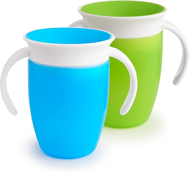 Munchkin Miracle 360 Cup, Baby and Sippy Cup, Ideal Sippy, Water and Weaning Cup 6+ to 12 Months, 7 oz/207 ml, 2 Pack, Green & Blue