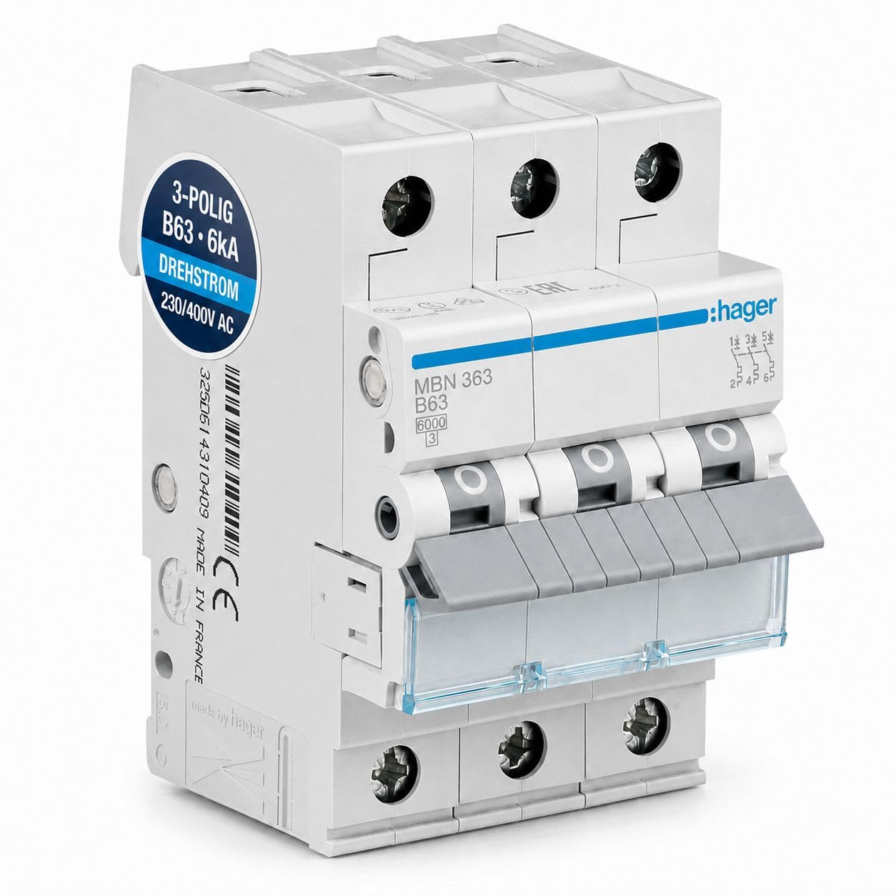 Hager Leitungsschutzschalter 3-polig 63A B-Charakteristik 6kA MBN363 biconnect Sicherungsautomat für Drehstrom 230/400V LS-Schalter FI-Verteiler Hutschiene DIN EN 60898-1
