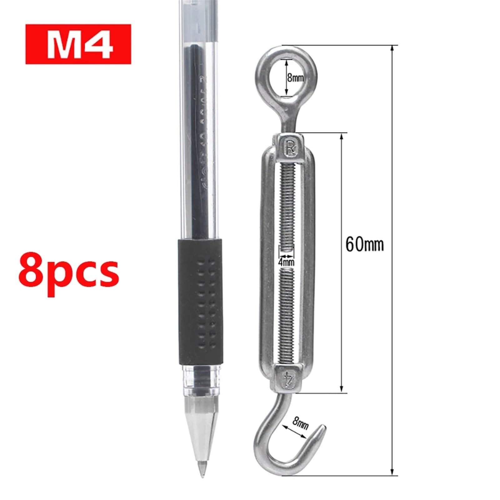 Tensor de alambre de acero inoxidable M4, 3 piezas, gancho y ojo(8pcs M4 0j)