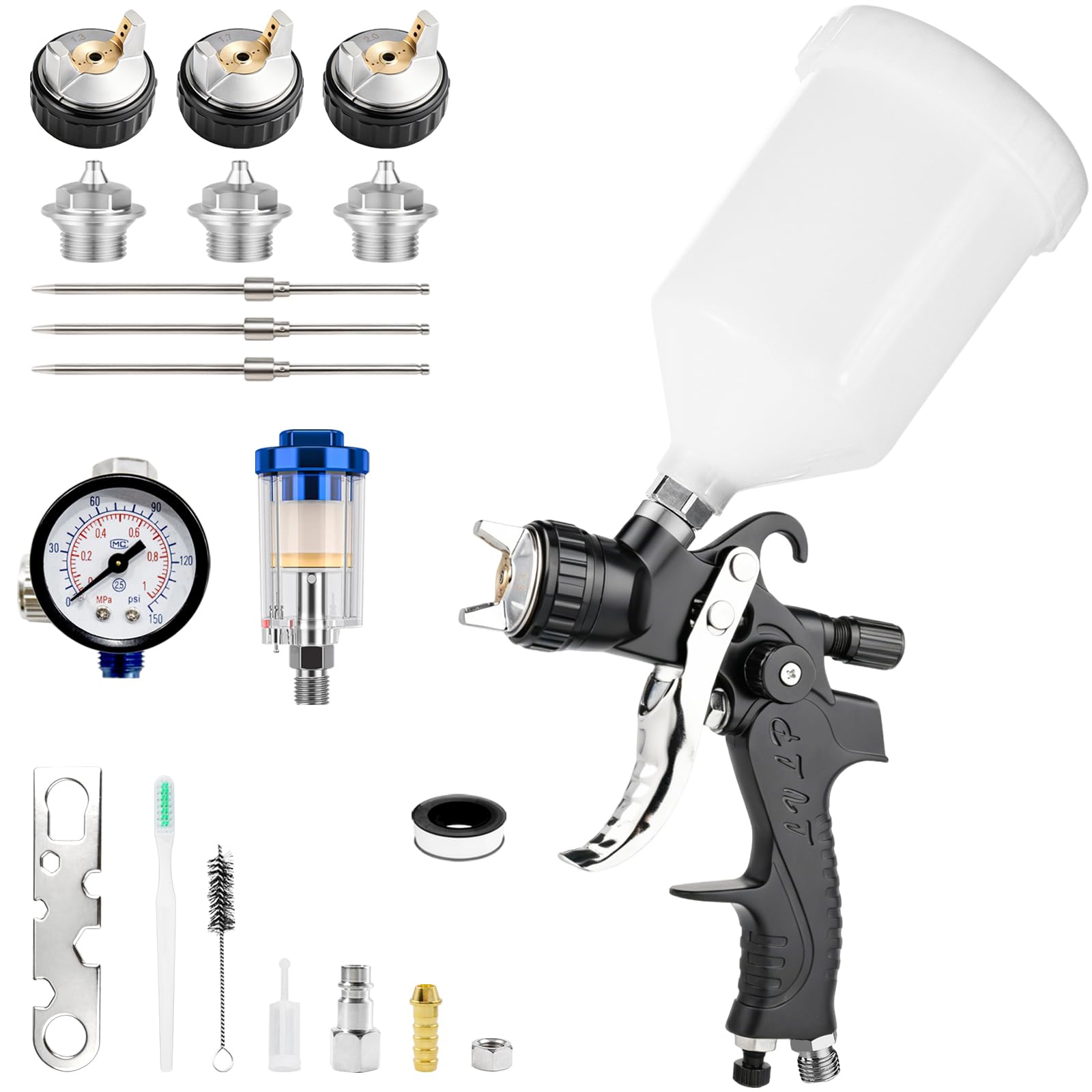 Professionelle LVLP Luftspritzpistole, 1,3/1,7/2,0 mm Düsen Kit mit Druckregler und Wasser-Öl-Abscheider, Farbspritzpistole Lackierpistole Druckluft für Autolackierung, Basislack, Klarlack, Metallic