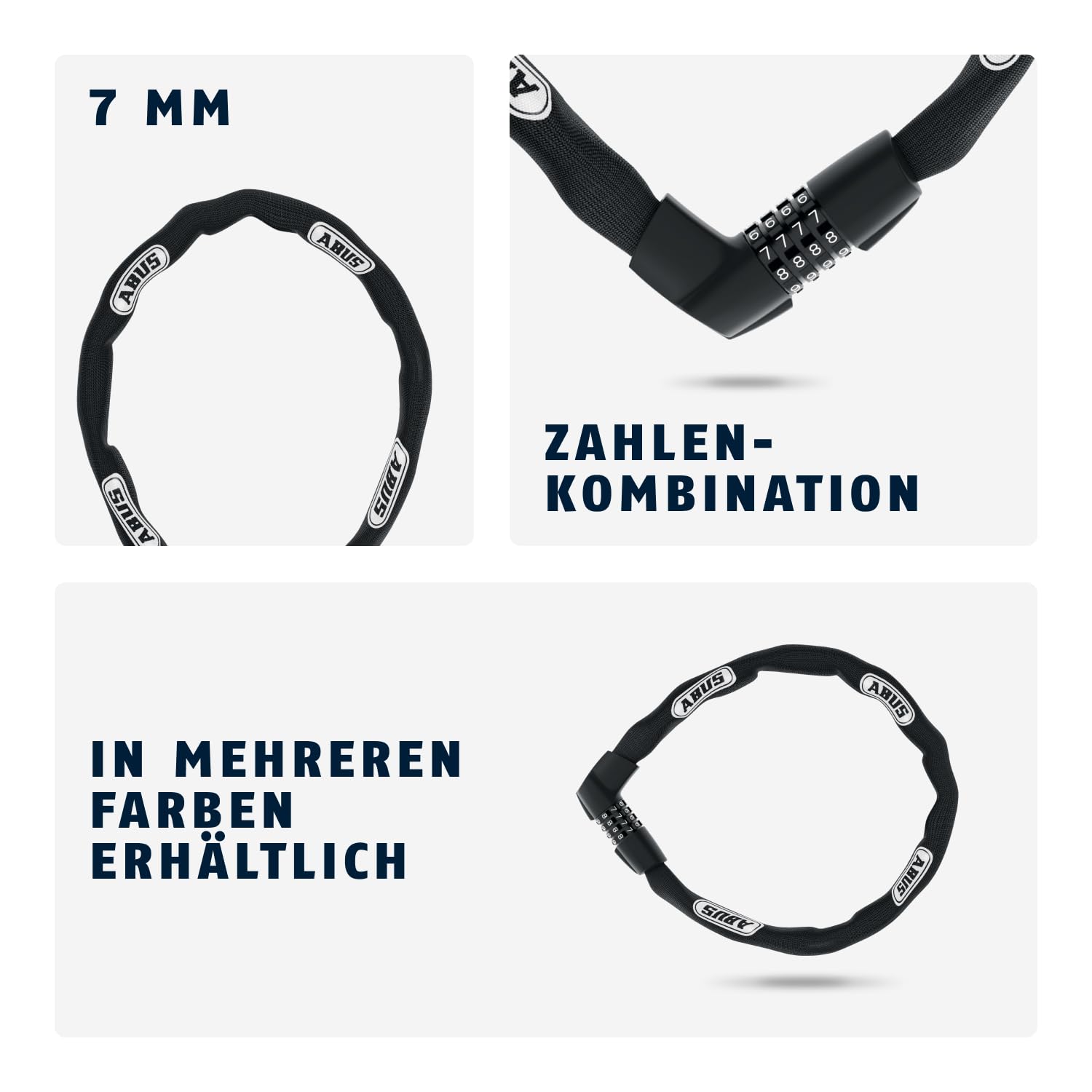 ABUS Kettenschloss Tresor 1385 – Zahlenschloss aus gehärtetem Stahl – 7 mm starke Vierkantkette – ABUS-Sicherheitslevel 7 – 85 cm – Schwarz