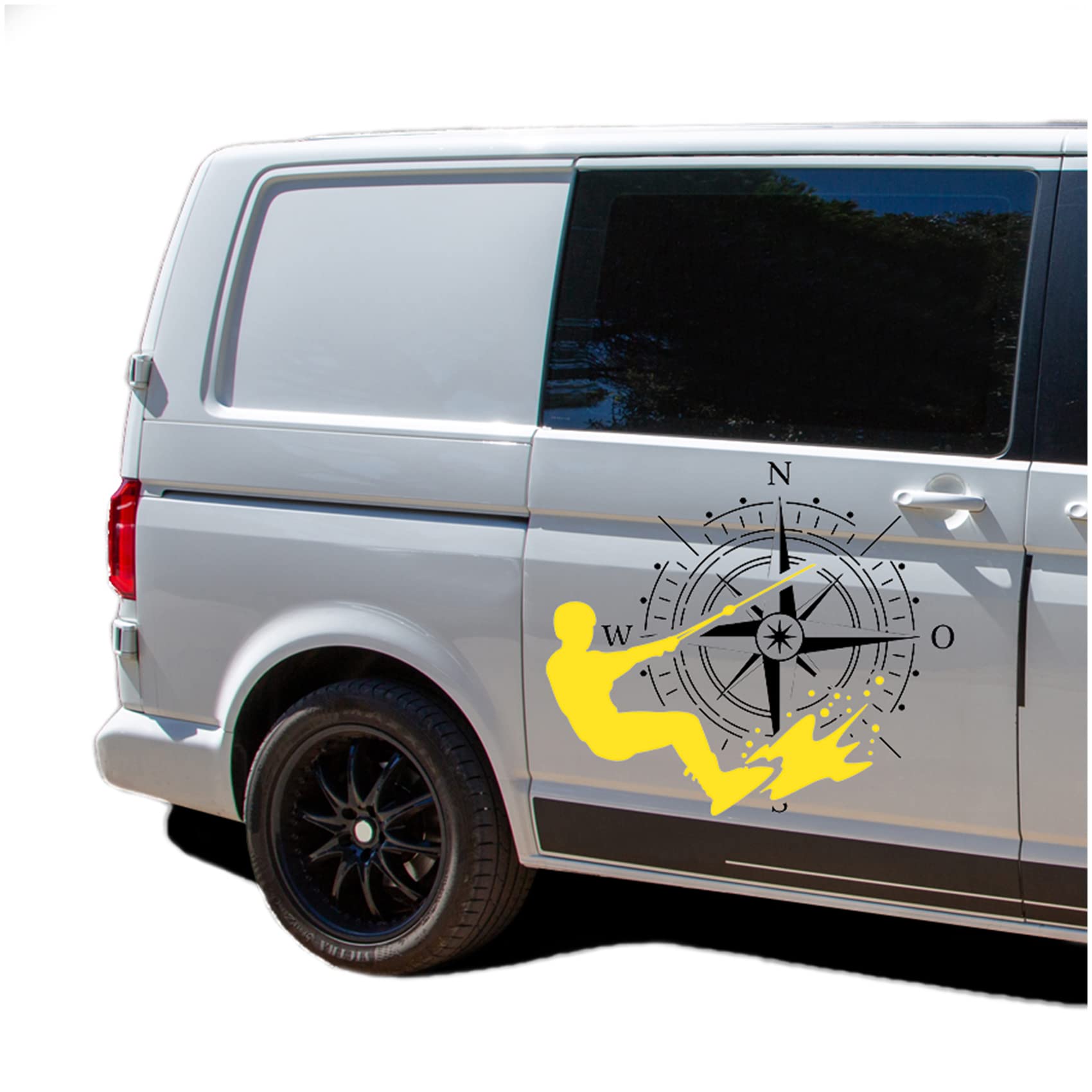 Autoaufkleber Kompass Sport Wakeboard 60x69cm Windrose Sticker Folie für Auto Wohnwagen Anhänger Aufkleber Selbstklebend Kfz Zubehör KX072 KX073 (Kompass schwarz, Wakeboard Gelb)