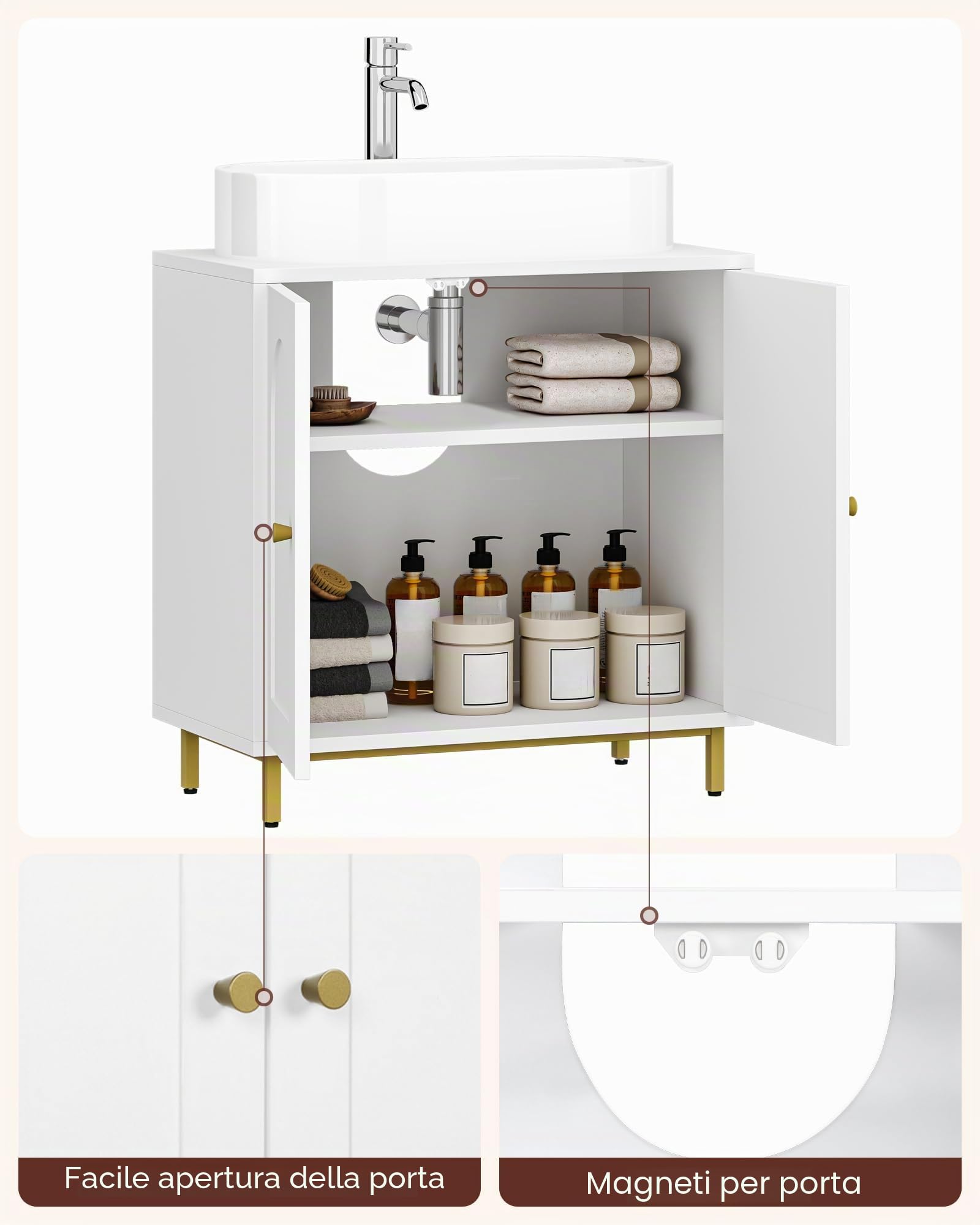 Hzuaneri Mobiletto Sottolavandino Armadietto Sottolavabo Scaffale per Il Bagno con 2 Ante 2 Scompartimenti Ripiani Regolabili a Prova di umidità 30 x 60 x 63 cm Bianco BC19103X