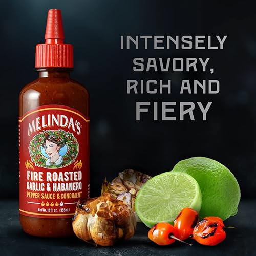 Miniatura 2 de Melinda's Salsa picante de ajo asado al fuego y habanero  Salsa picante artesanal con ajo tostado lento, pimientos habanero tostados, jugo de lima,