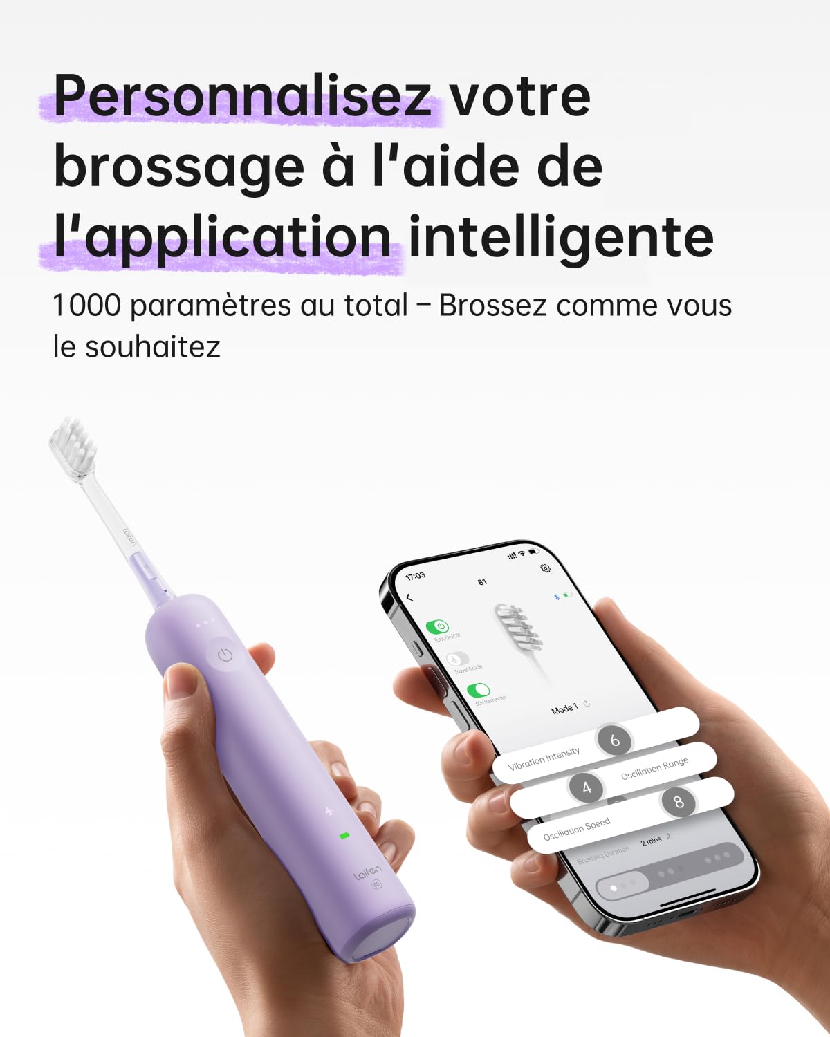 Laifen Wave Special Brosse À Dents Électrique Sonique Pionnière 60° Oscillation Vibration Autonomie 50 Jours 2 Têtes de Brosse Étanchéité IP68 Acceptée par l’ADA pour Voyage (Édition Spéciale Lavande)