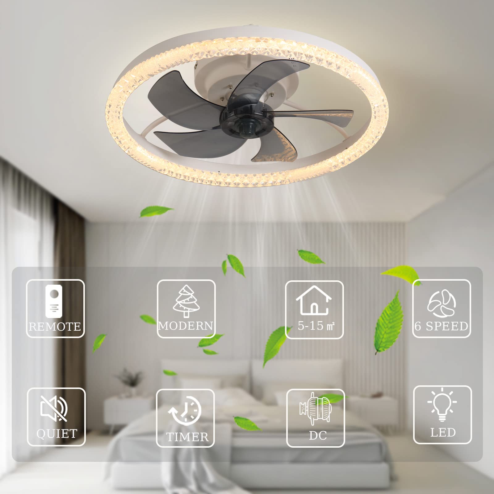 Lampa DC Z Wentylatorem Nowoczesny Cichy Dwustronny Wentylator Sufitowy Ze Światłem LED Ściemnialna Lampa Sufitowa Z Okrągłym Wentylatorem I Pilotem Do Salonu-White