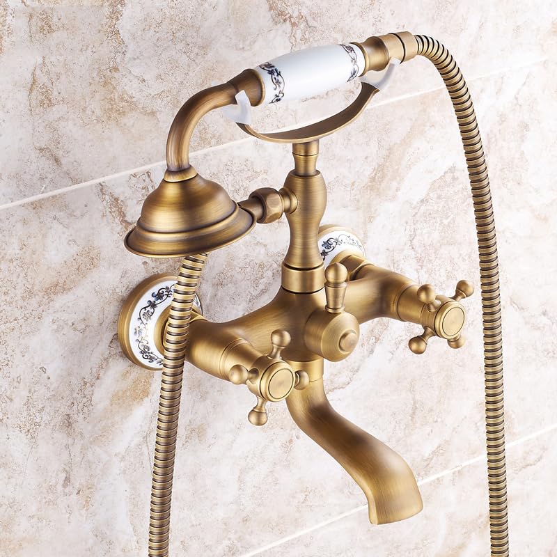 Antyczny ścienny bateria wannowa z głowicą prysznicową retro podwójna dźwignia zestaw baterii łazienkowych z uchwytem krzyżowym w stylu vintage do eleganckich wanien