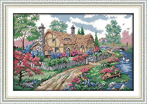 Joy Sunday Cross Stitch Kits, Country Cabin Pattern Cross-Stitch Stamped kit,Embroidery Set 11CT 22''x15''
