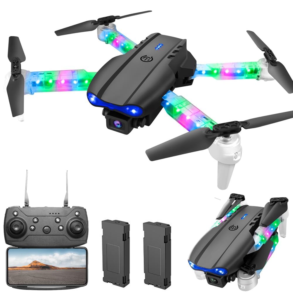 OBEST Drones con Camara 1080P y Luz LED Colores, FPV Plegable RC Drone | Modo sin Cabeza Giro 360° Foto Gesto 2 Batería20 Mins Despegue/aterrizaje un clic, Regalos Navidad Juguetes para Adultos
