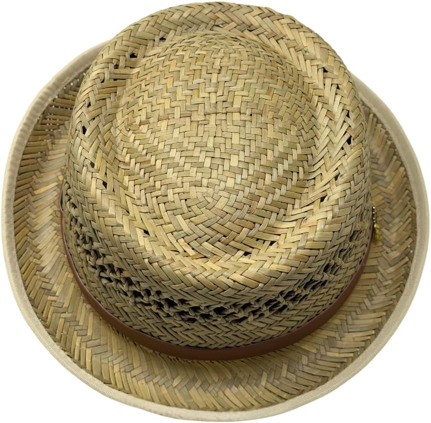 Rush Straw Pork Pie Hat for Men & Women(Hand Made) – Boater Derby Fedora Sun Hat with Upturn Brim, Brown Leather Band & Pineapple Accent – One Size Fits Most.