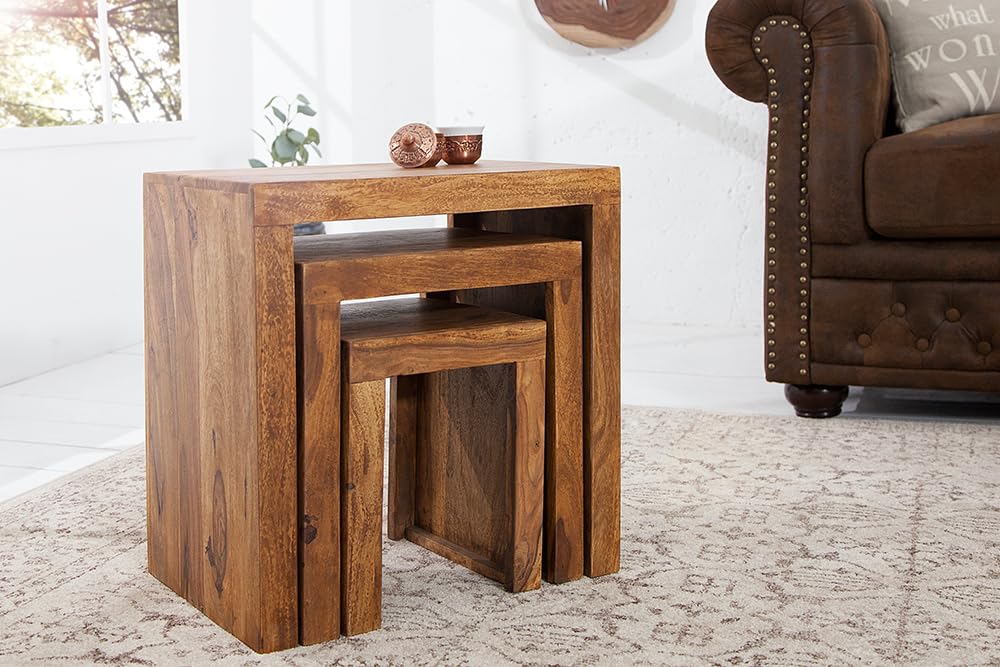 invicta INTERIOR Massives 3er-Set Beistelltische MAKASSAR Sheesham Stone Finish Couchtische Massivholz Holztische Tische Satztische Wohnzimmertische