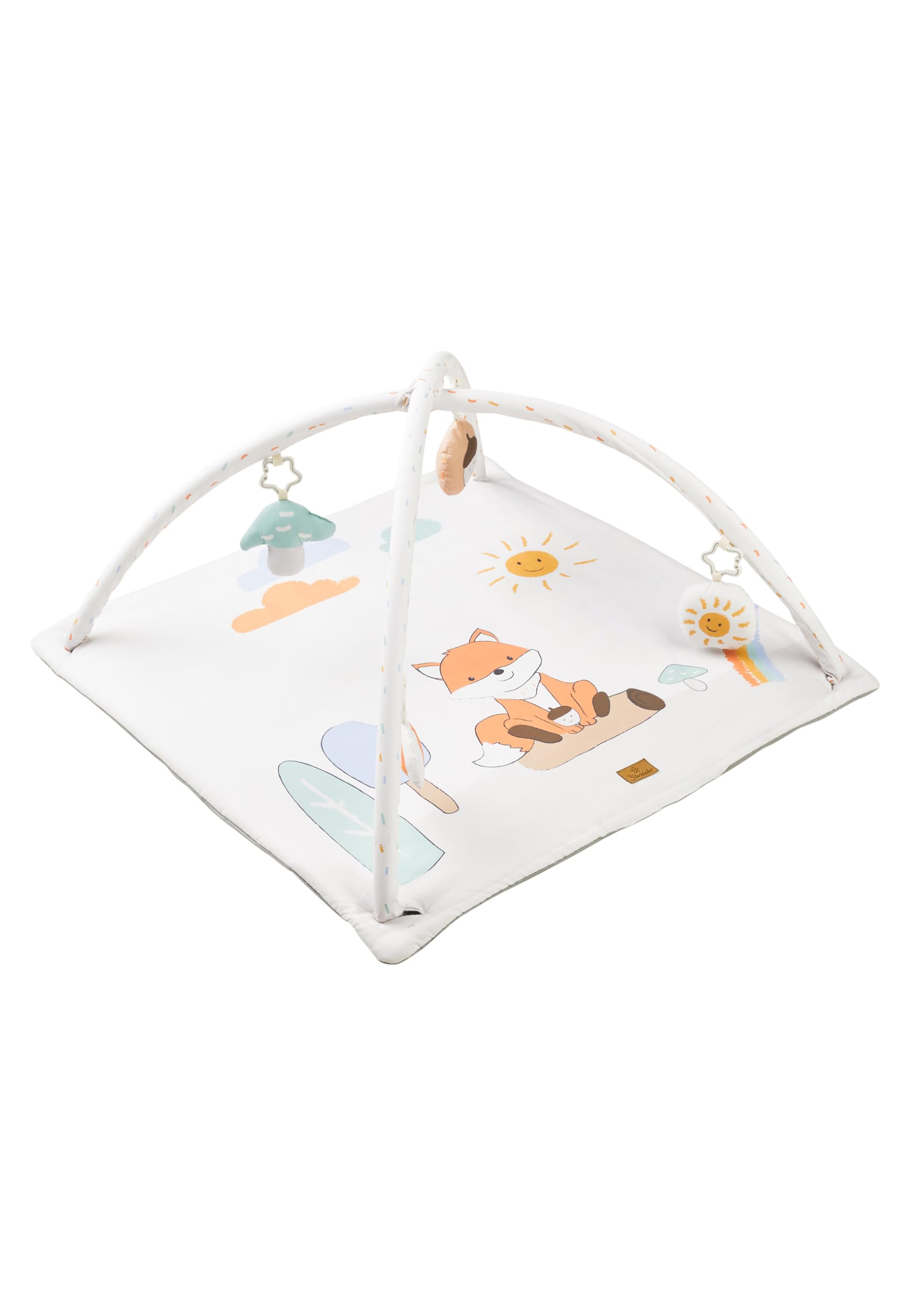 Sterntaler Spielbogen Fuchs Filou - Krabbeldecke mit Motivdruck - wattierte Spieldecke für Babys - Spielzeug abnehmbar - Knisterpapier, Rassel & Quietsche - Activity Decke 80x80cm, lichtgrau