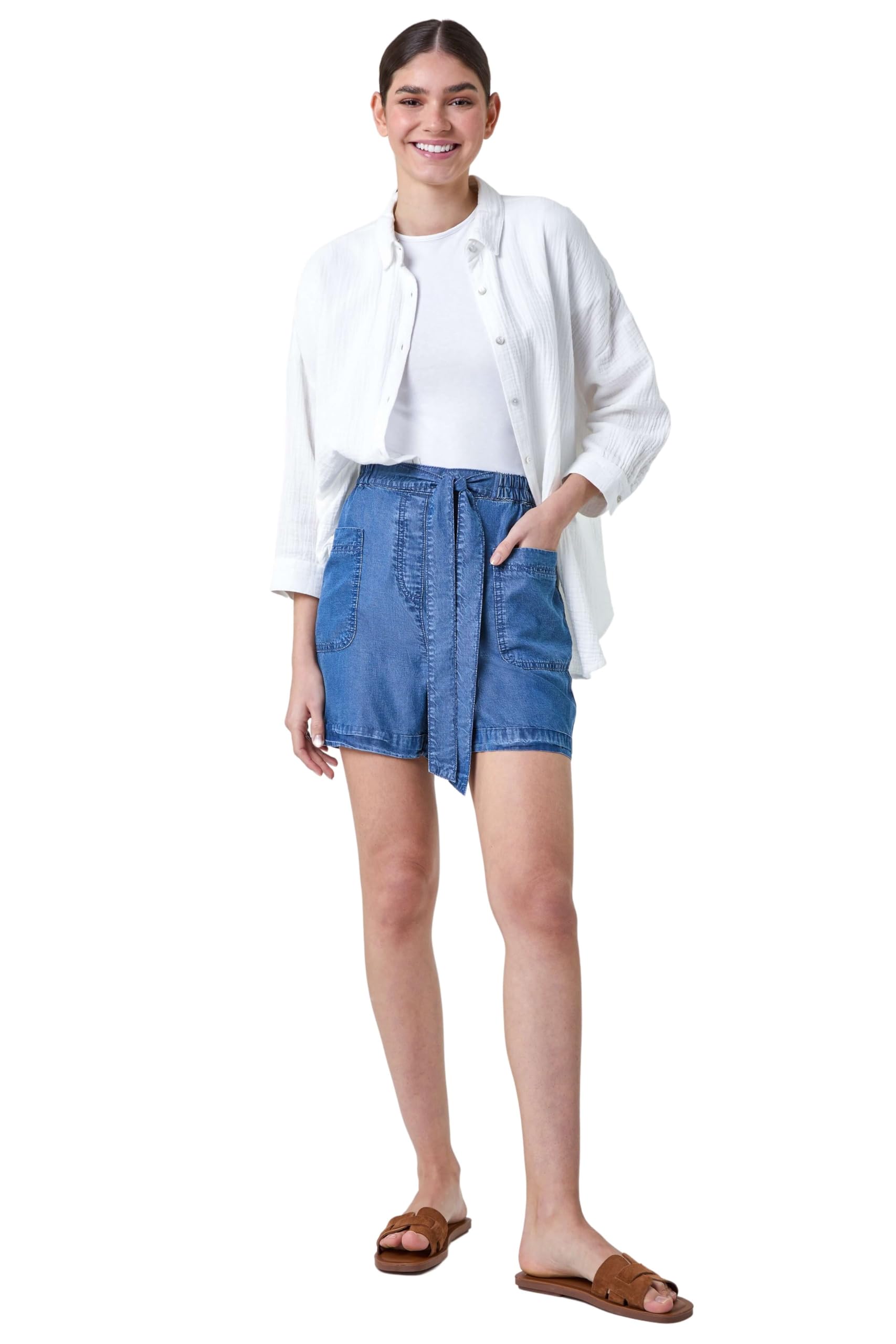 Roman Tie Waist Pocket Shorts for Women UK - Ladies Spring Everyday Summer Holiday Elasticated Waistband Comfy Woven Fabric Soft Vacation Daywear Bottoms - Denim - Size 10
