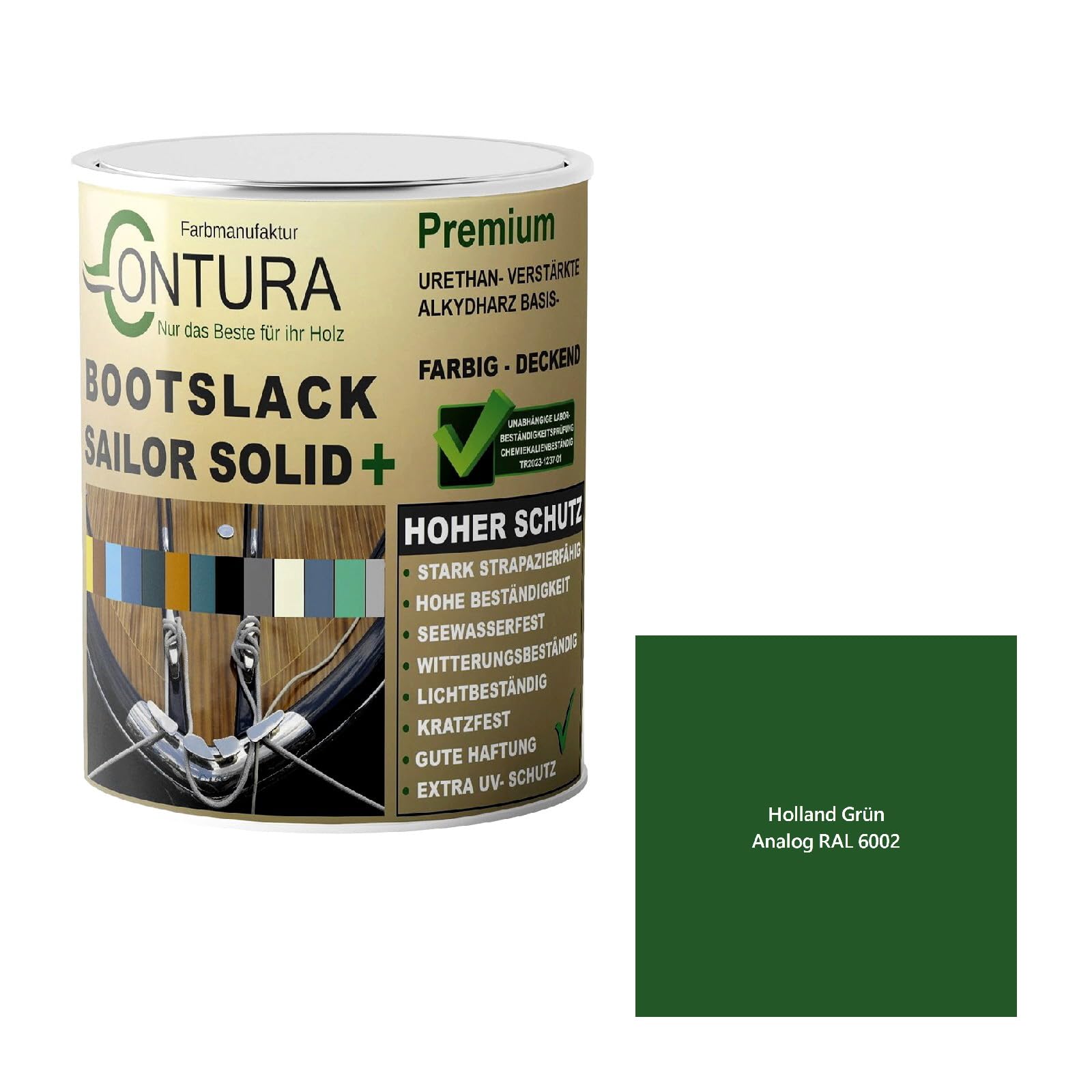 Contura Bootslack Farbig SEIDENMATT Yacht- Buntlack Metall Holz GFK Holzlack Boot Farblos (Holland Grün - RAL 6002 Analog, 1 Liter)