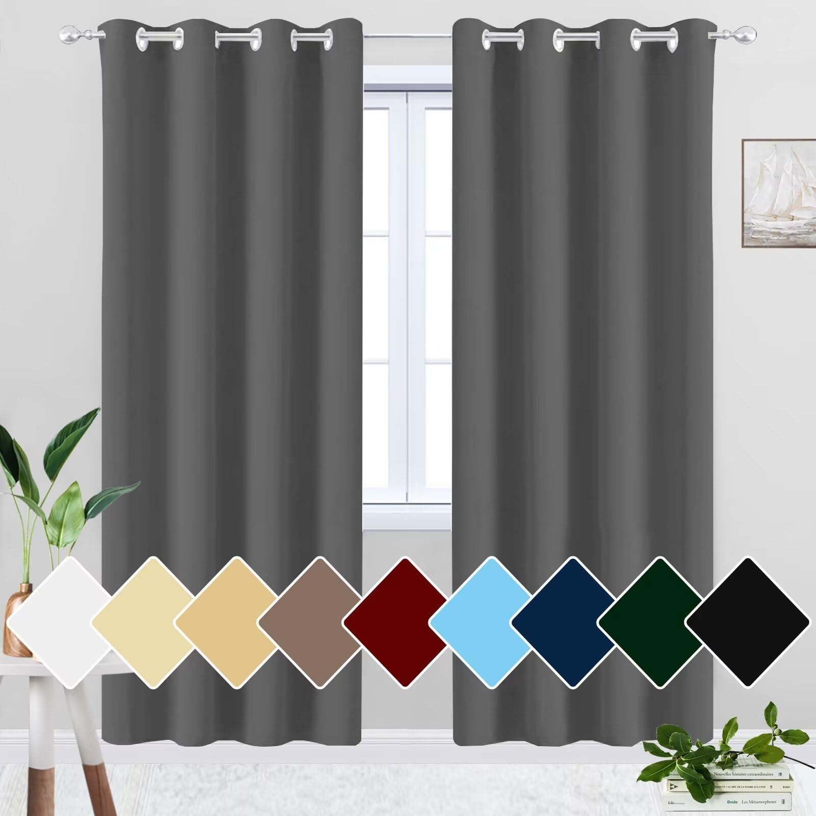 HUAXIQUE Cortina Opaca 220x170cm Cortas Aislantes Frío Calor Luz Poliéster Cortina Opaca Termica Aislante para Salon Dormitorio Infantil Ventanas Gris Oscuro